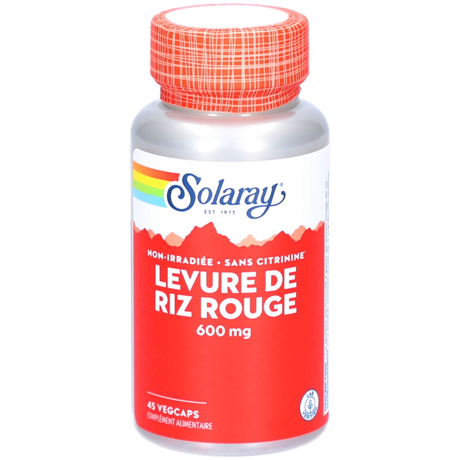 Flacon argenté, étiquette rouge, bouchon rouge. Inscription: LEVURE DE RIZ ROUGE 600 mg. Marque: Solaray.
