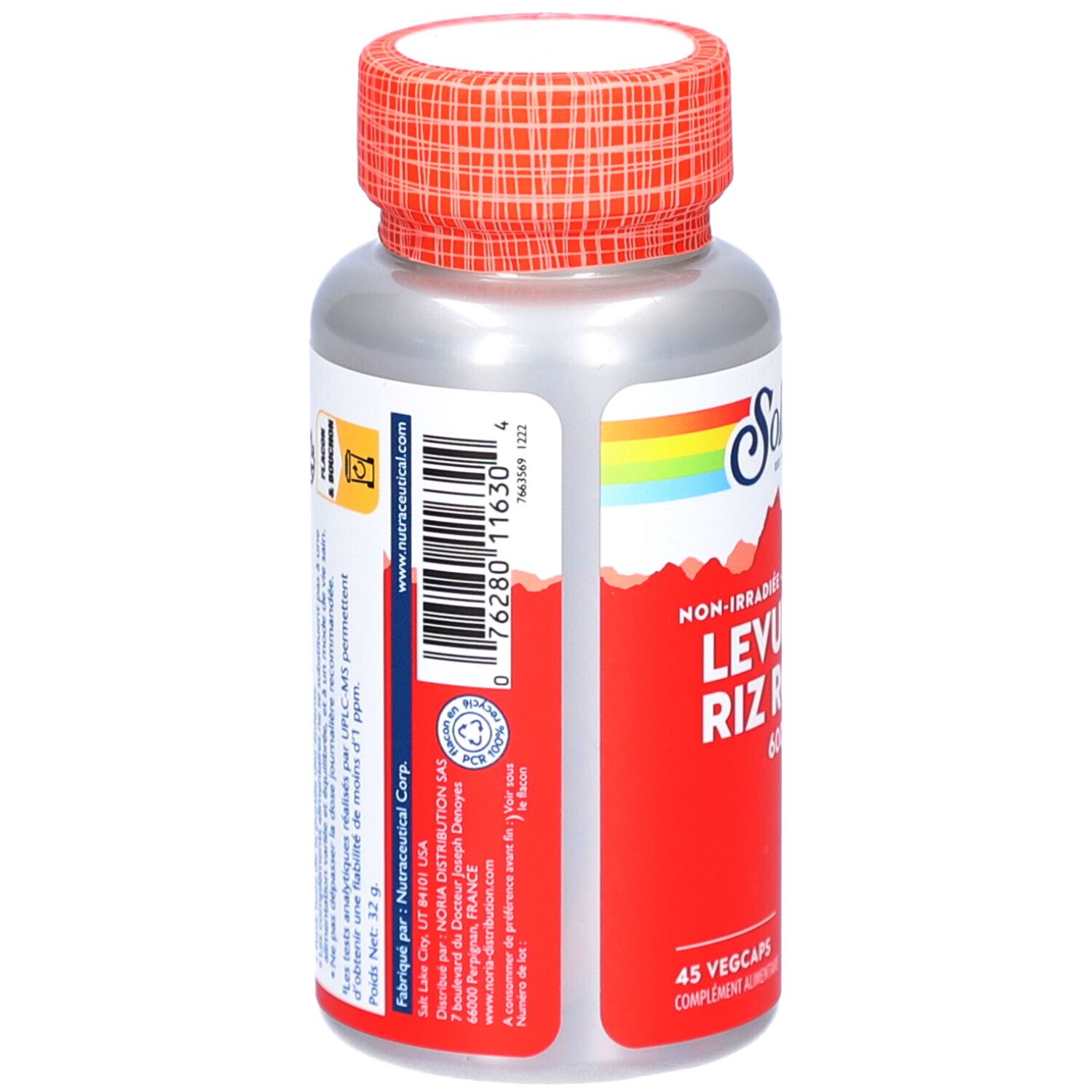 Dos du flacon. Étiquette rouge avec texte et code-barres. Marque: Solaray. Inscription: 45 Vegcaps.