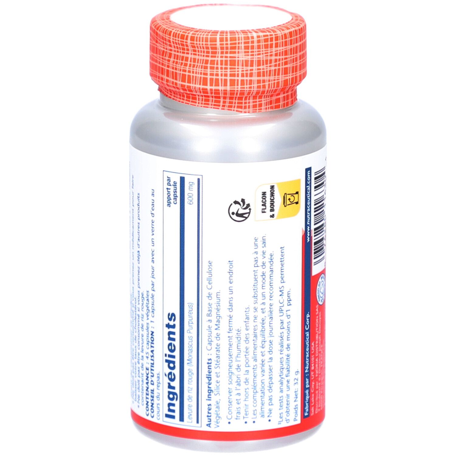 Dos du flacon. Texte sur les ingrédients et l'utilisation. Marque: Solaray. Flacon avec bouchon rouge.