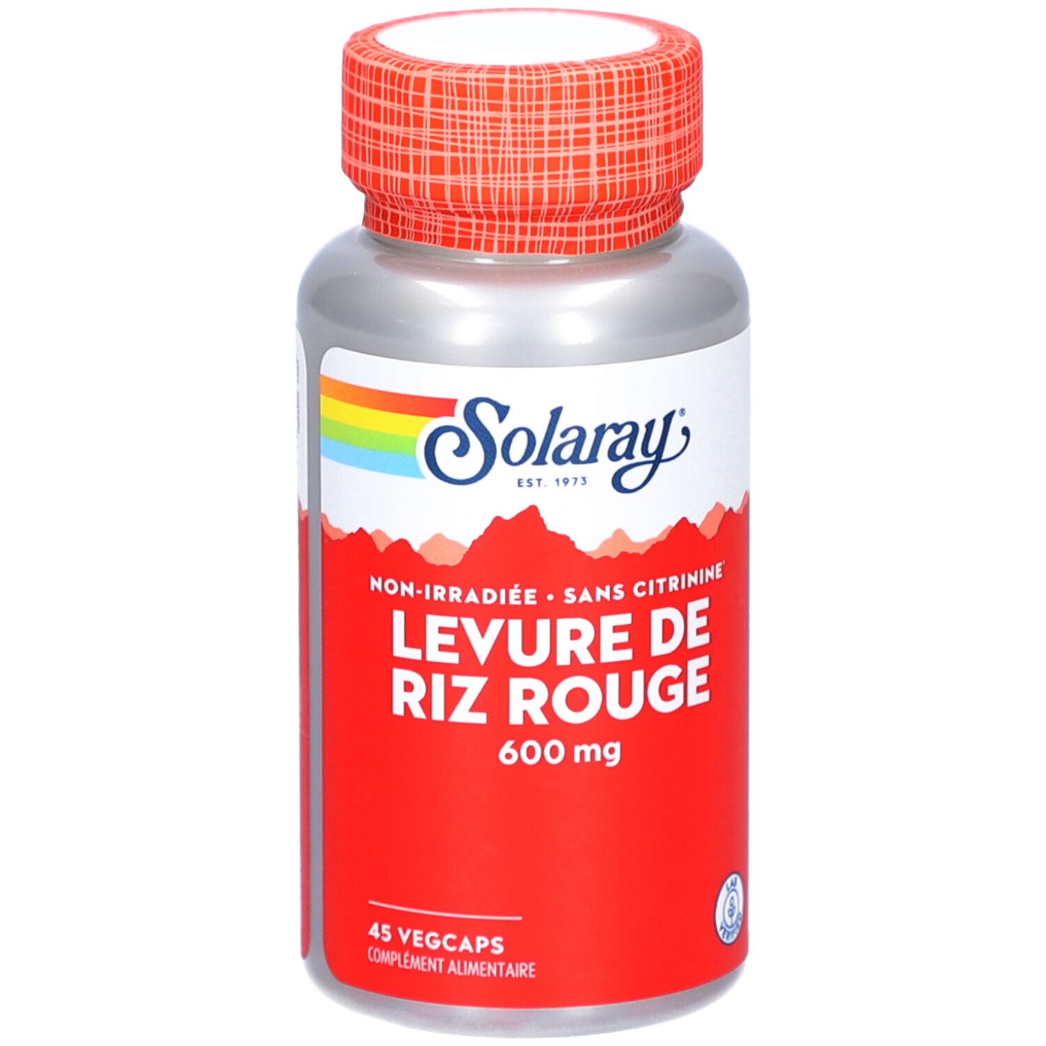 Flacon argenté, étiquette rouge, bouchon rouge. Inscription: LEVURE DE RIZ ROUGE 600 mg. Marque: Solaray.