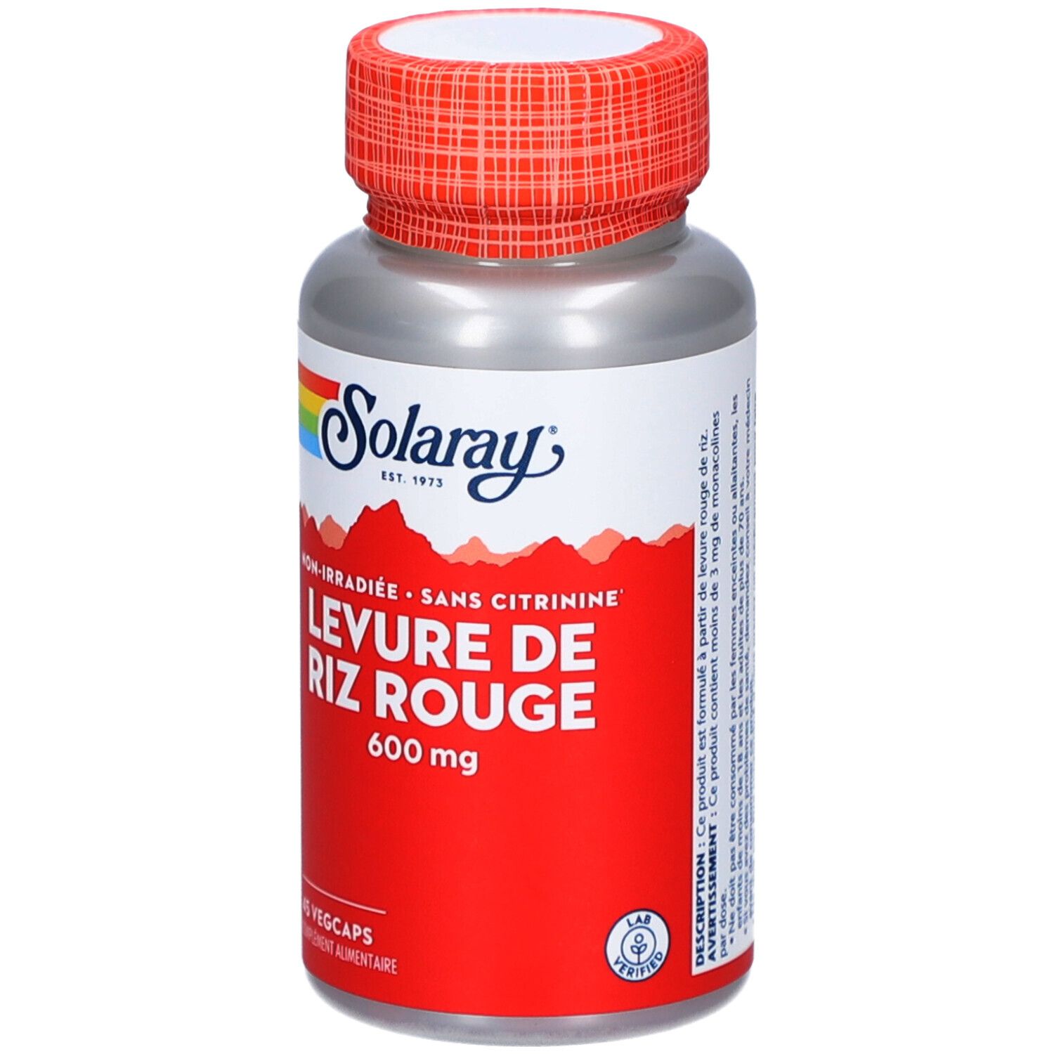 Flacon argenté, étiquette rouge, bouchon rouge. Inscription: LEVURE DE RIZ ROUGE 600 mg. Marque: Solaray.