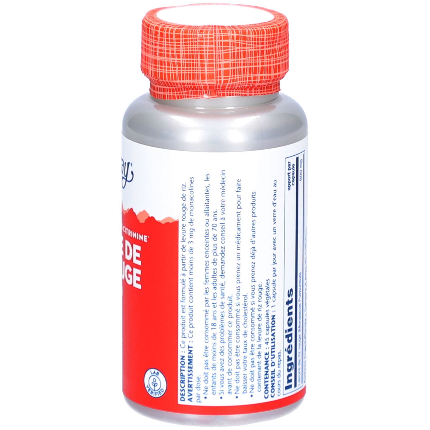 Dos du flacon. Texte sur les ingrédients et l'utilisation. Marque: Solaray. Flacon avec bouchon rouge.