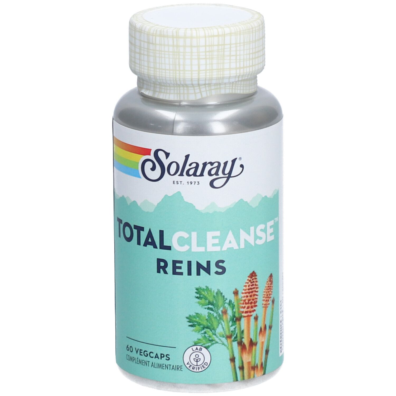 Flacon argenté avec bouchon blanc. Inscription: Solaray, TOTAL CLEANSE REINS, 60 Vegcaps. Illustration de plantes.
