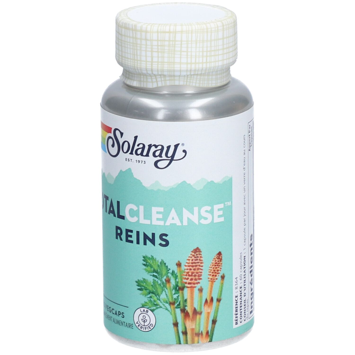 Flacon argenté avec bouchon blanc. Inscription: Solaray, TOTAL CLEANSE REINS, 60 Vegcaps. Illustration de plantes.