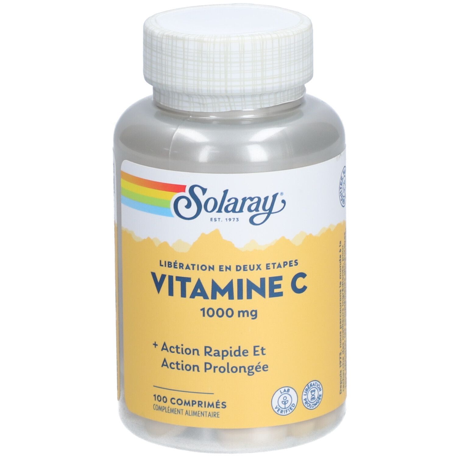 Flacon de SOLARAY Vitamine C 1000 mg. Étiquette jaune avec texte. 100 comprimés. Bouchon blanc. Vue de face.
