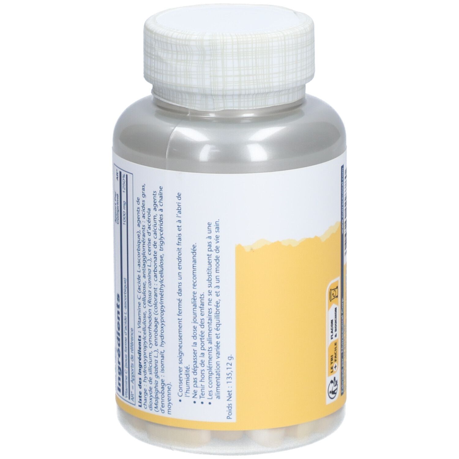 Dos du flacon de vitamine C. Liste des ingrédients, avertissements et étiquette jaune avec texte.