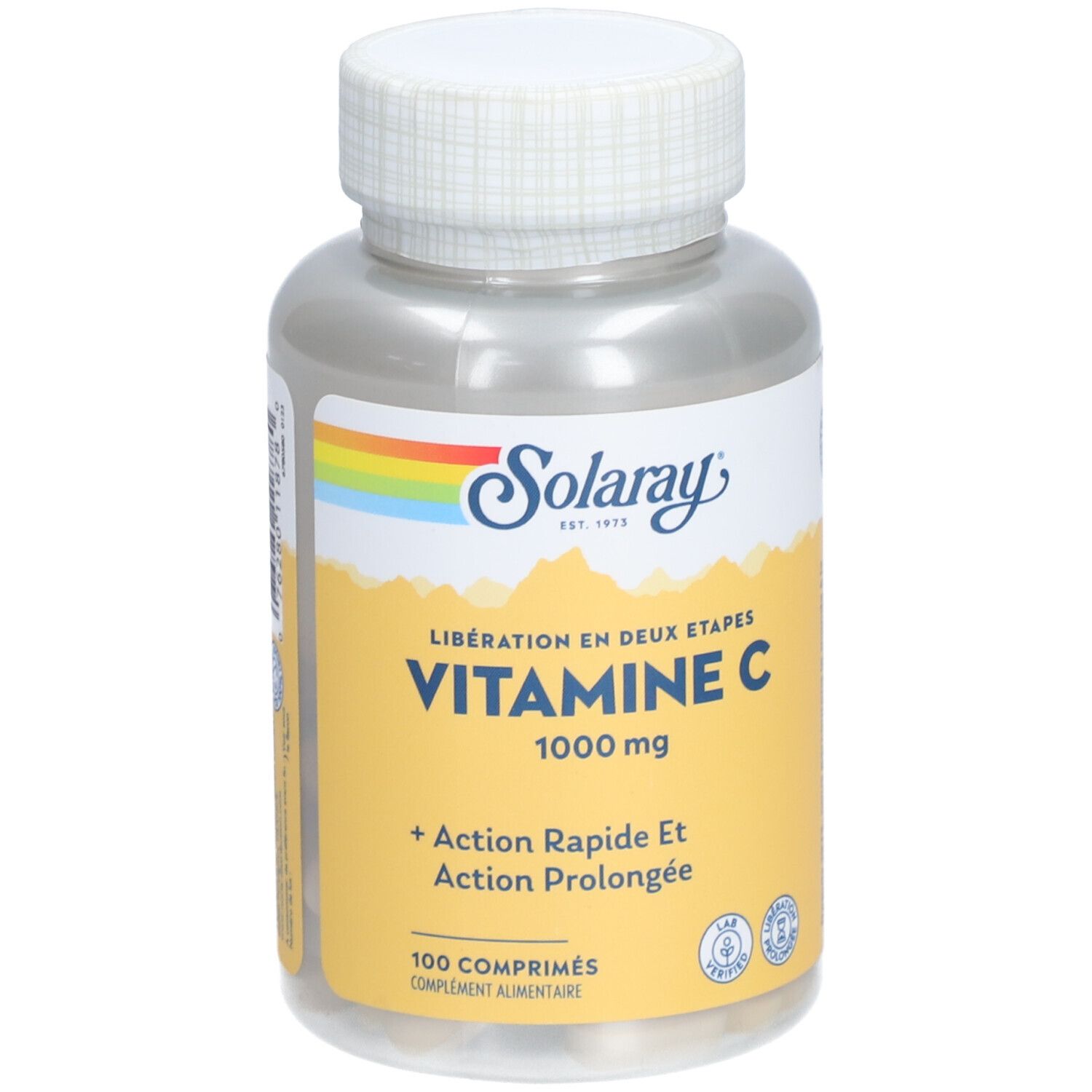 Flacon de SOLARAY Vitamine C 1000 mg. Étiquette jaune avec texte. 100 comprimés. Bouchon blanc. Vue de face.