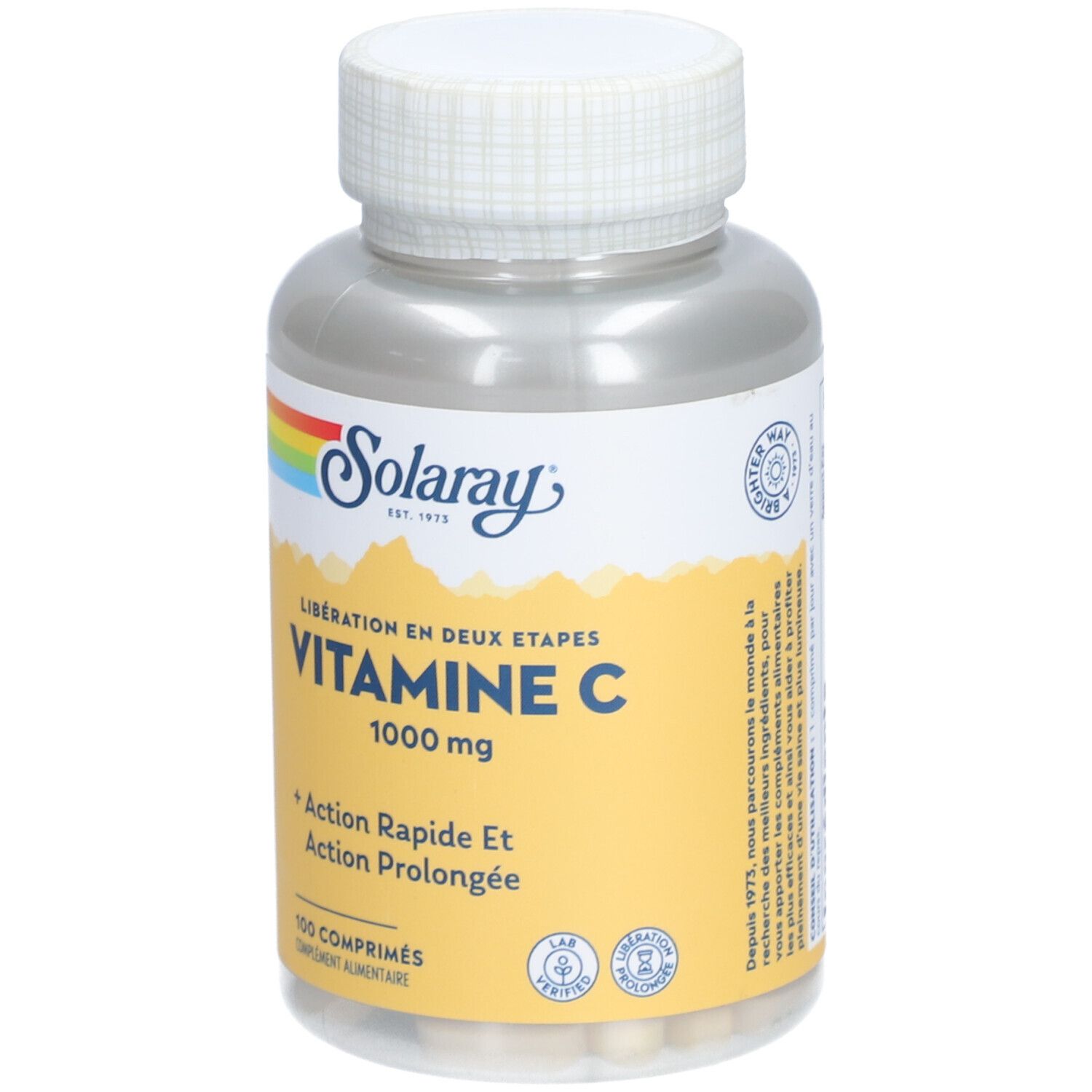 Flacon de SOLARAY Vitamine C 1000 mg. Étiquette jaune avec texte. 100 comprimés. Bouchon blanc. Vue de face.