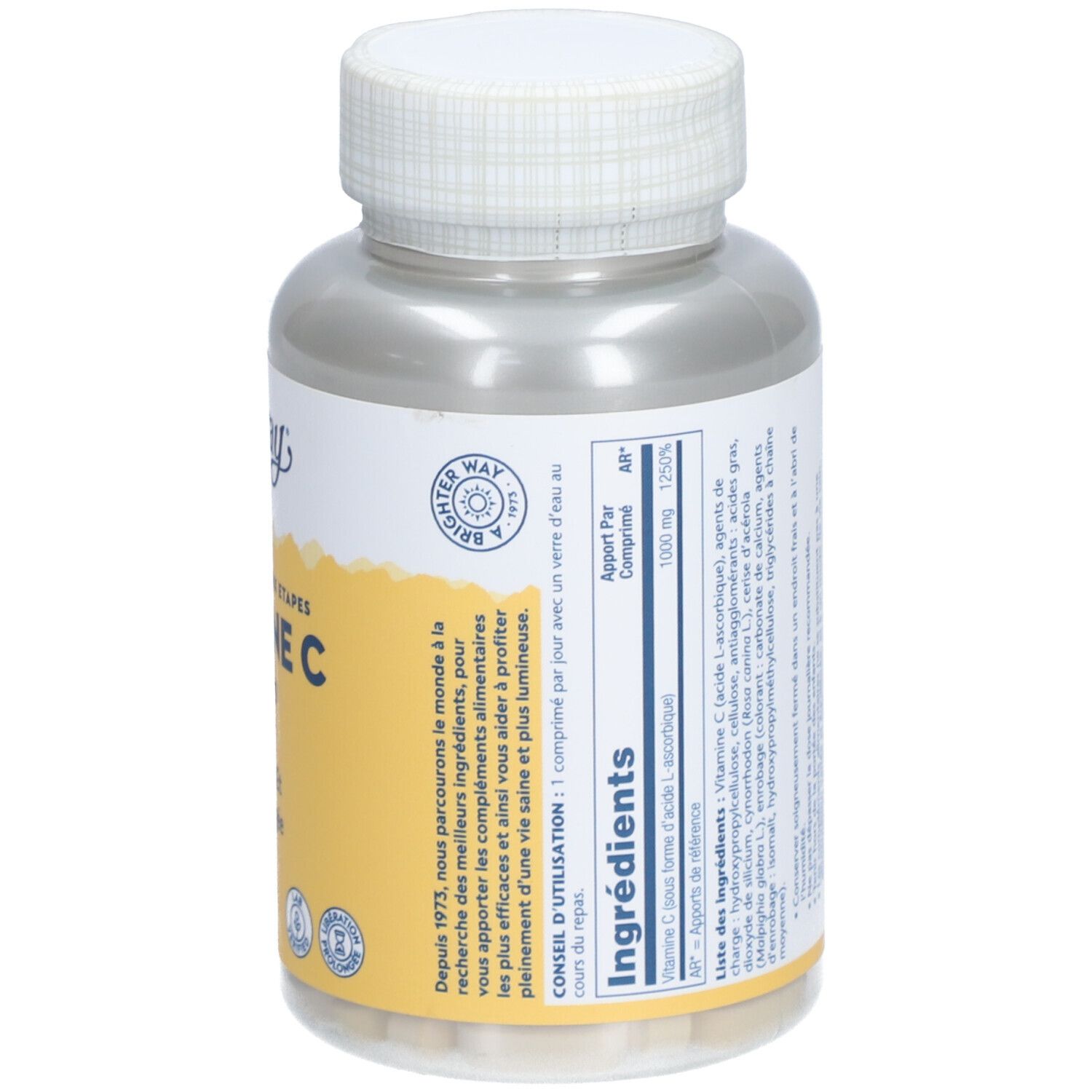 Dos du flacon de vitamine C. Liste des ingrédients, avertissements et étiquette jaune avec texte.