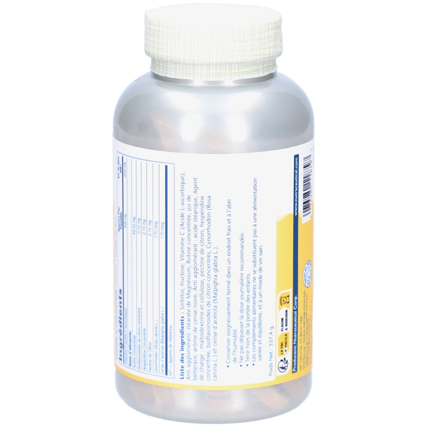 Dos du flacon. Étiquette avec ingrédients et informations nutritionnelles. Fond jaune.