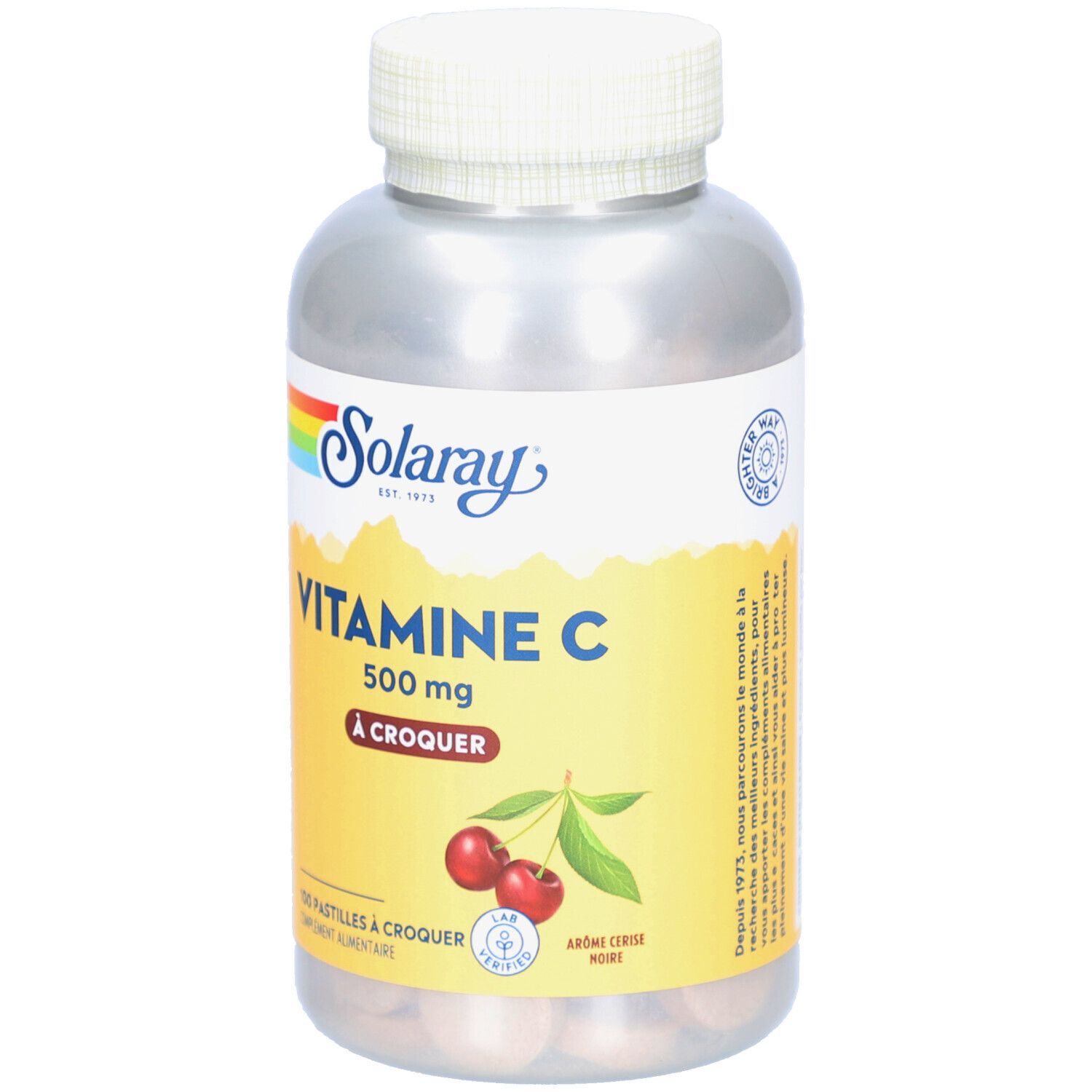 Flacon transparent avec bouchon blanc. Étiquette "SOLARAY Vitamine C 500 mg A Croquer". Illustration de cerises.