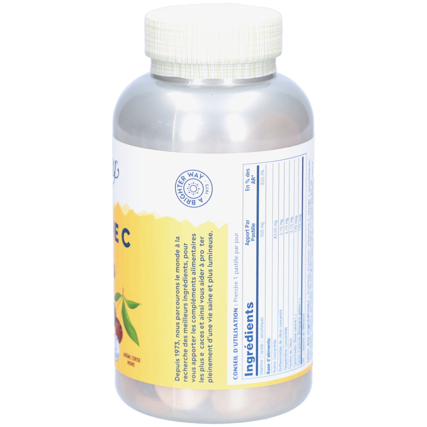 Dos du flacon. Étiquette avec informations, ingrédients et informations nutritionnelles. Fond jaune.