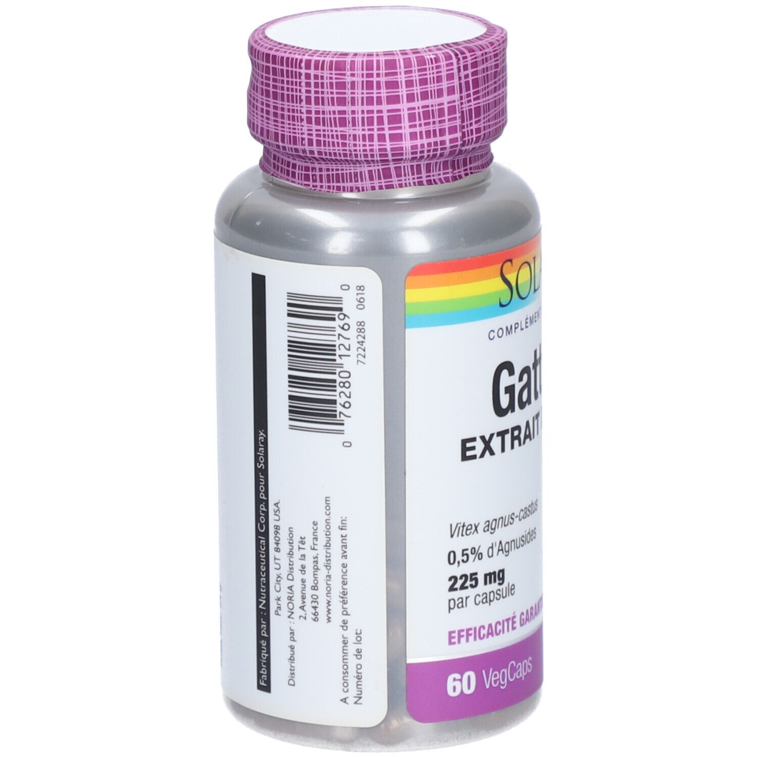 Dos du flacon de gélules de Gattilier. Code-barres et informations de fabrication et de distribution. Inscription: 60 VegCaps.