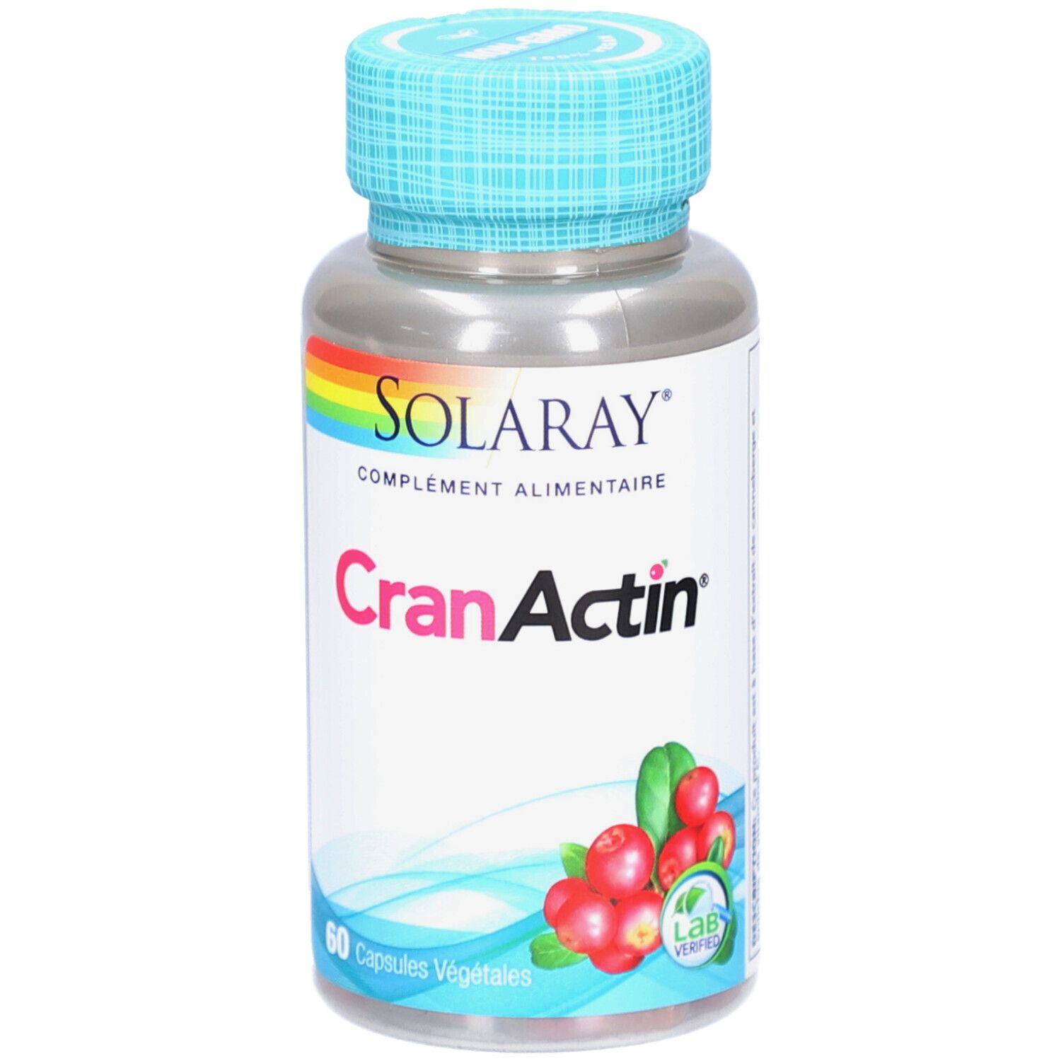 Flacon de gélules. Inscription: SOLARAY, CranActin, 60 capsules. Illustration de canneberges. Bouchon bleu-vert.