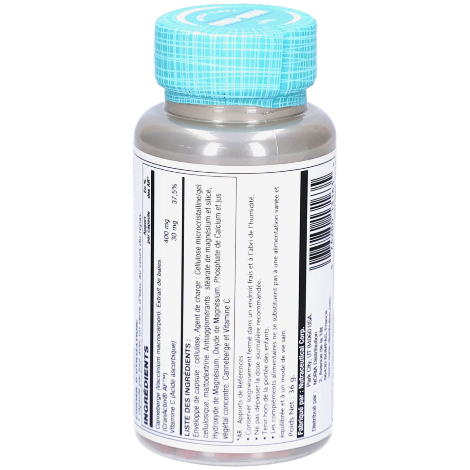 Dos du flacon. Liste des ingrédients et informations. Bouchon bleu-vert.