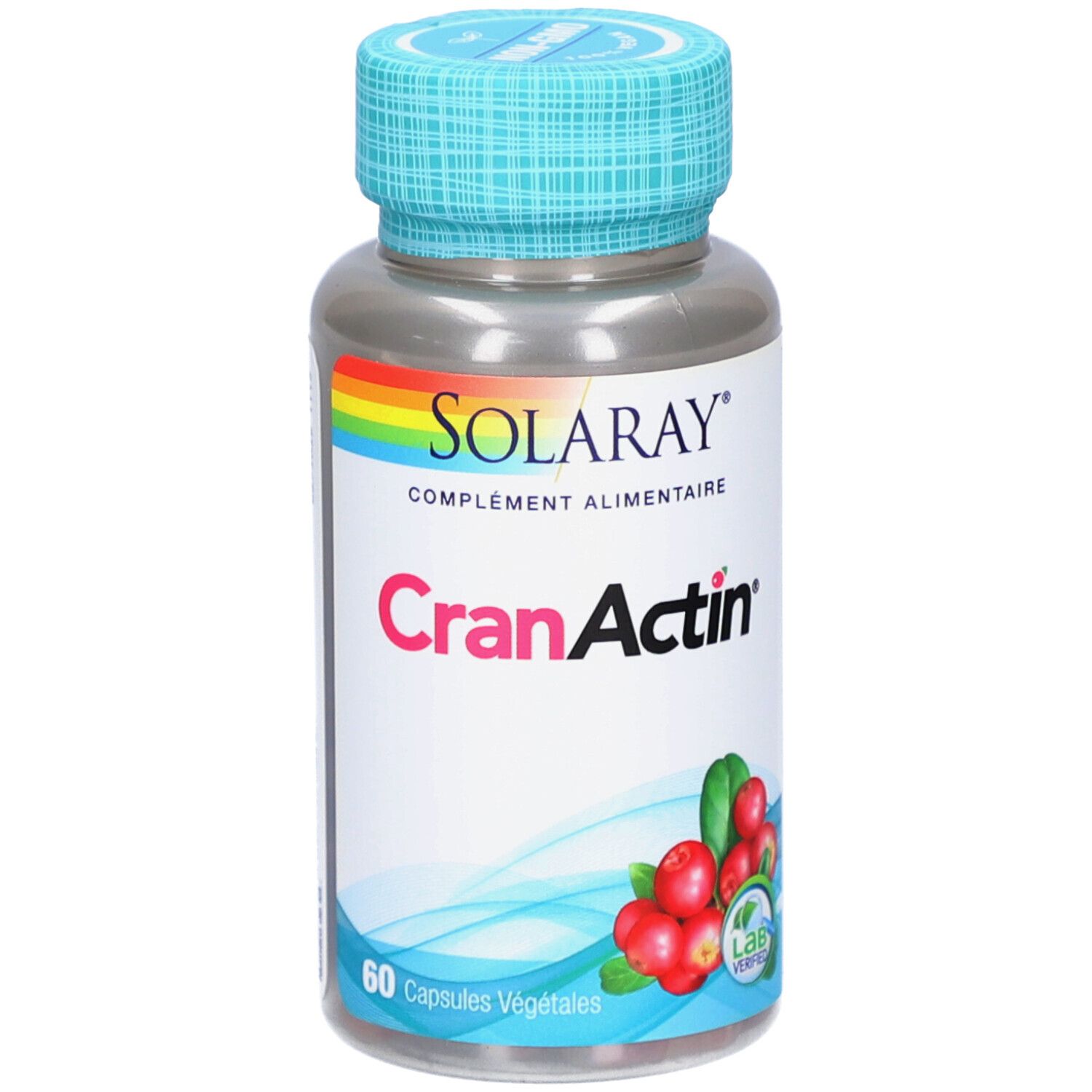 Flacon de gélules. Inscription: SOLARAY, CranActin, 60 capsules. Illustration de canneberges. Bouchon bleu-vert.