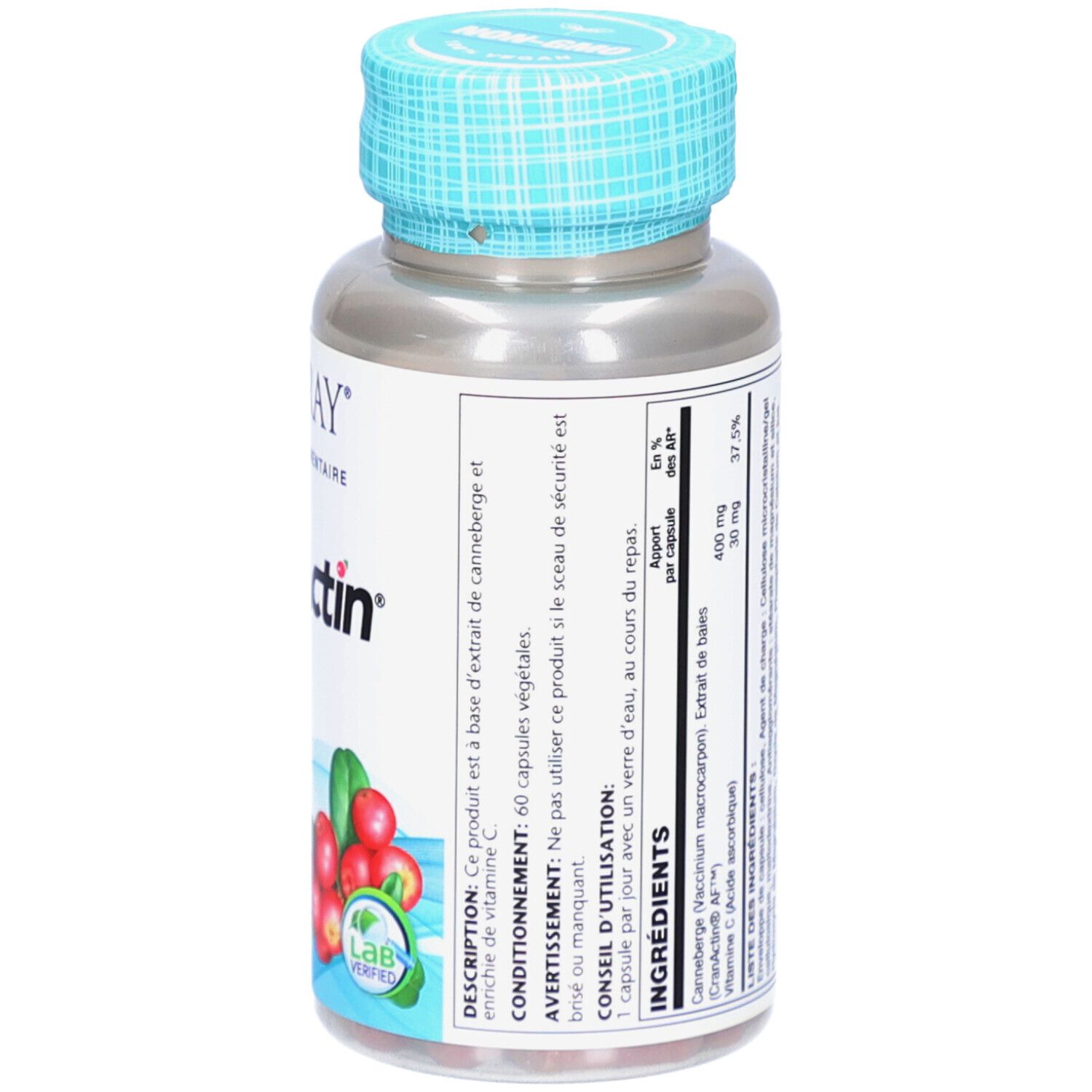 Flacon de gélules. Inscription: SOLARAY, CranActin, 60 capsules. Illustration de canneberges. Bouchon bleu-vert.