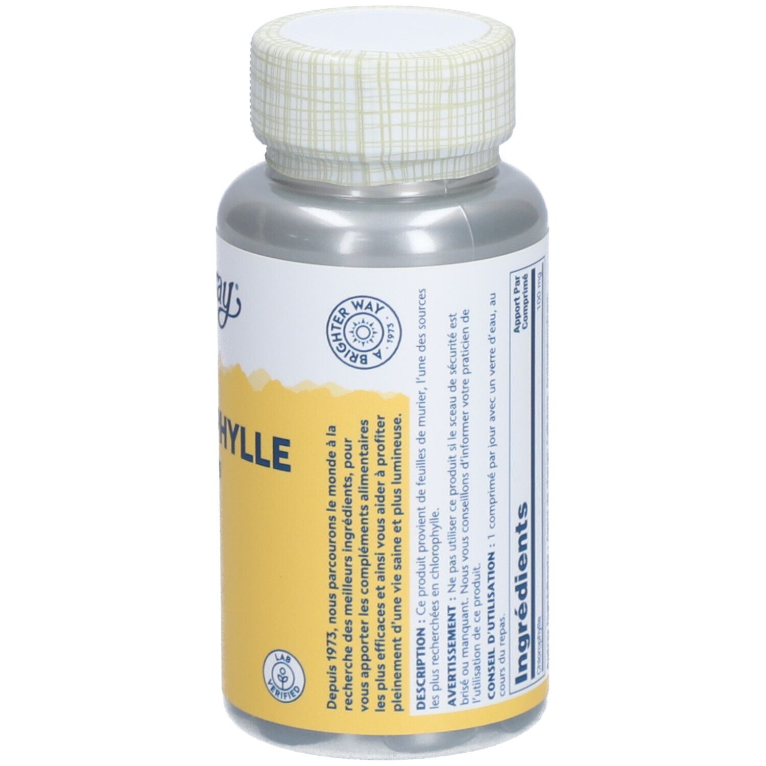 Dos du flacon. Texte sur les ingrédients et l'utilisation. Informations fabricant.