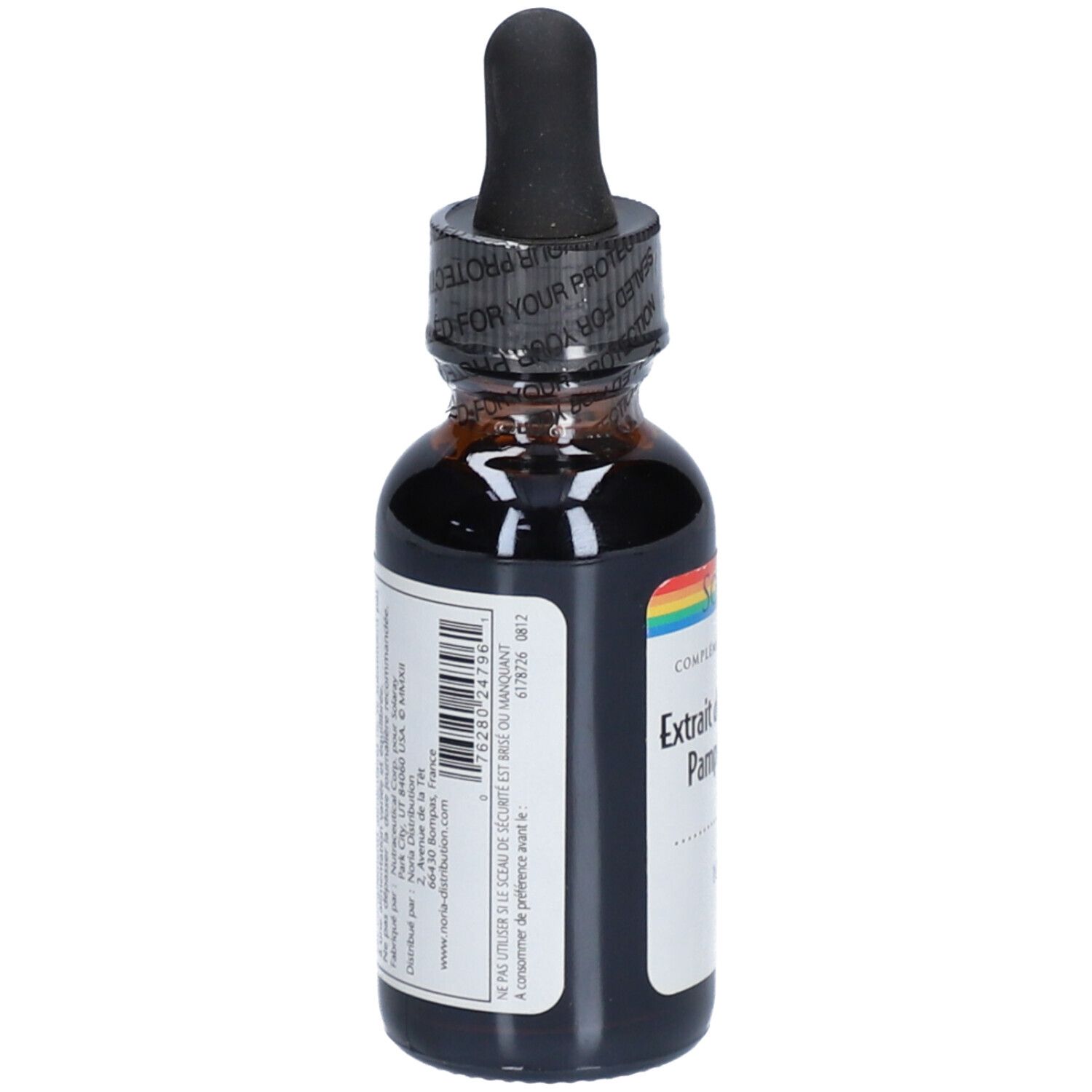 Flacon en verre brun avec bouchon noir et pipette. Inscription: SOLARAY. Étiquette avec informations. Sceau sur le bouchon.