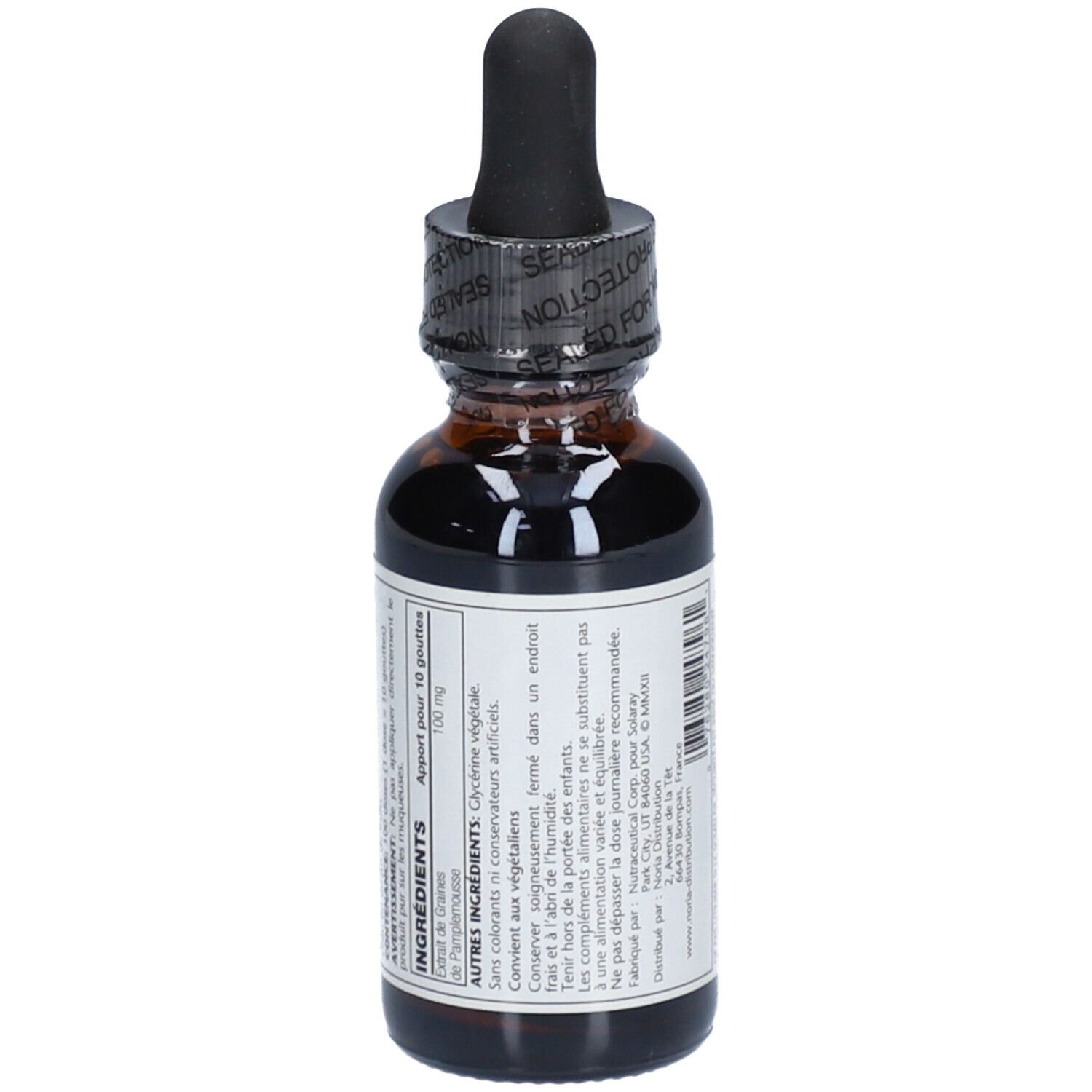 Flacon en verre brun avec bouchon noir et pipette. Étiquette avec ingrédients et informations. Sceau sur le bouchon.