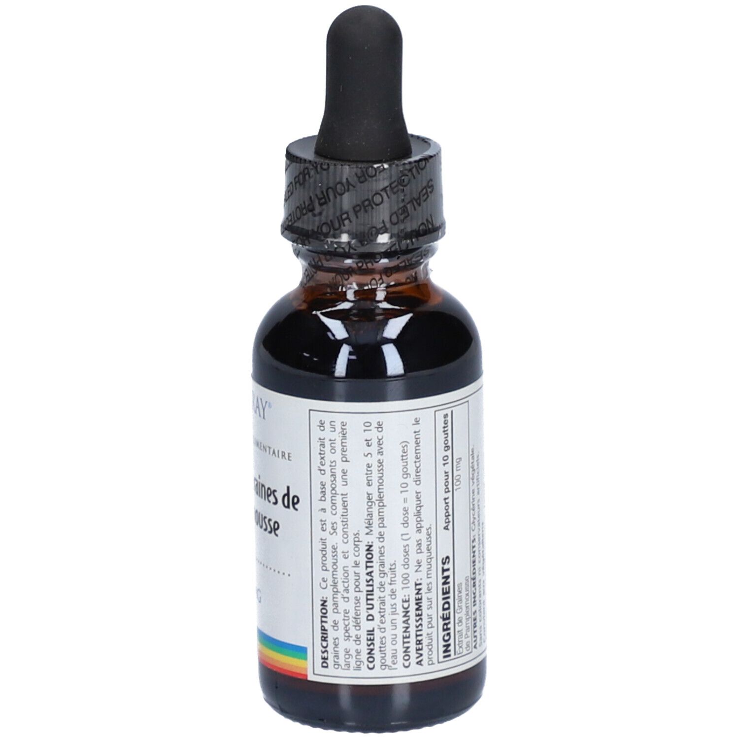 Flacon en verre brun avec bouchon noir et pipette. Étiquette avec informations et ingrédients. Sceau sur le bouchon.