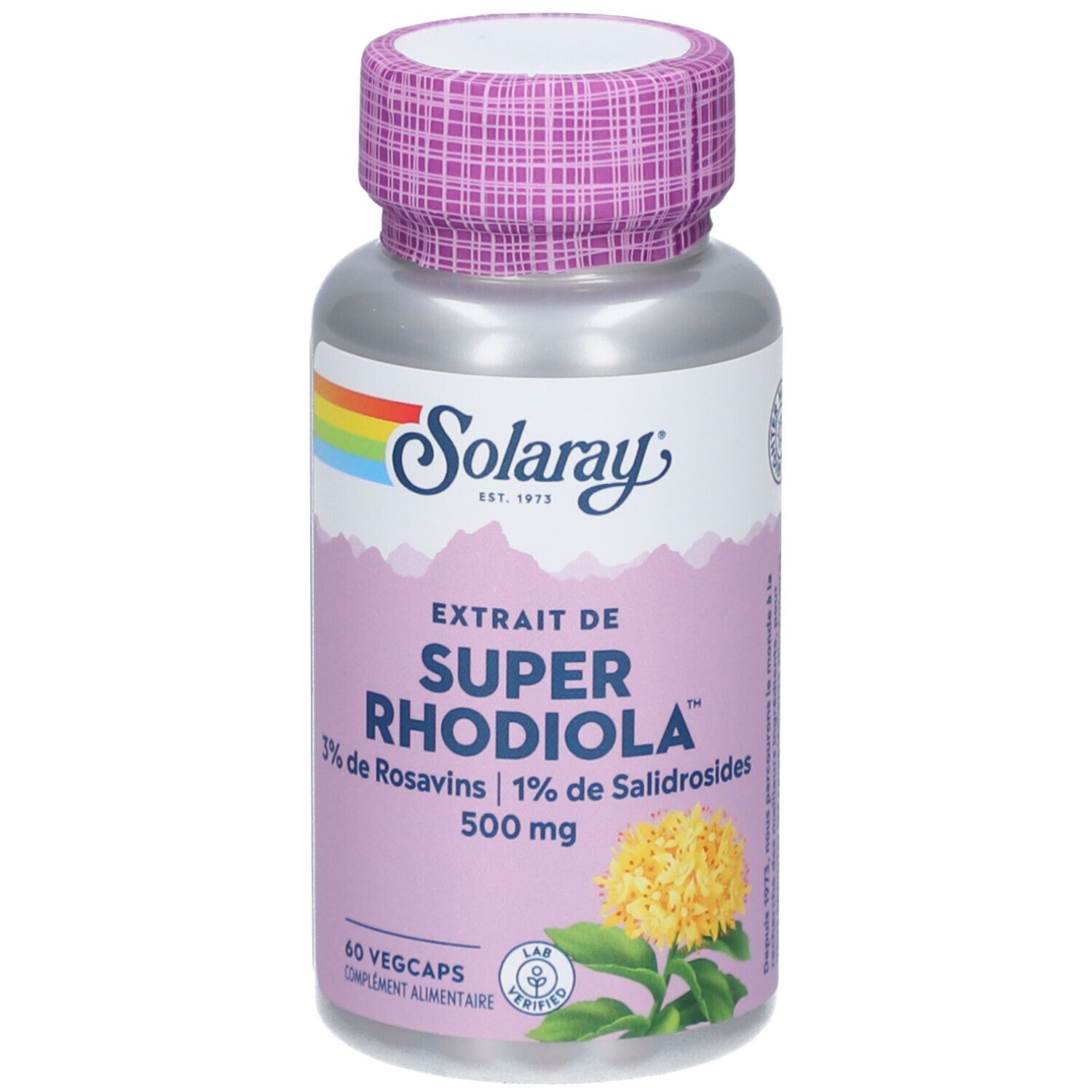 Flacon argenté, étiquette rose. Inscription: SOLARAY Super Rhodiola, 500 mg, 60 Vegcaps. Bouchon violet.