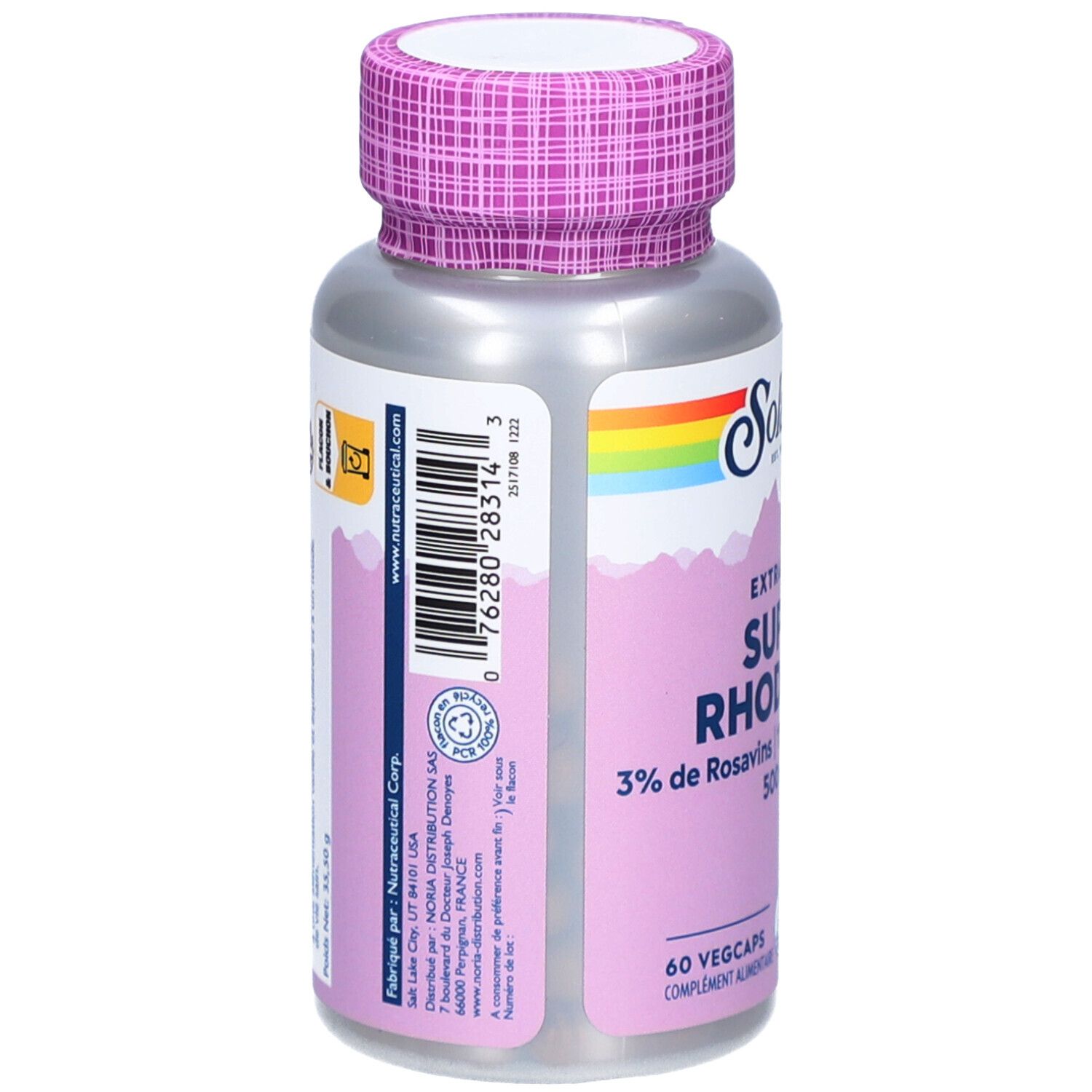 Dos du flacon. Inscription: SOLARAY Super Rhodiola. Code-barres et informations. Bouchon violet.