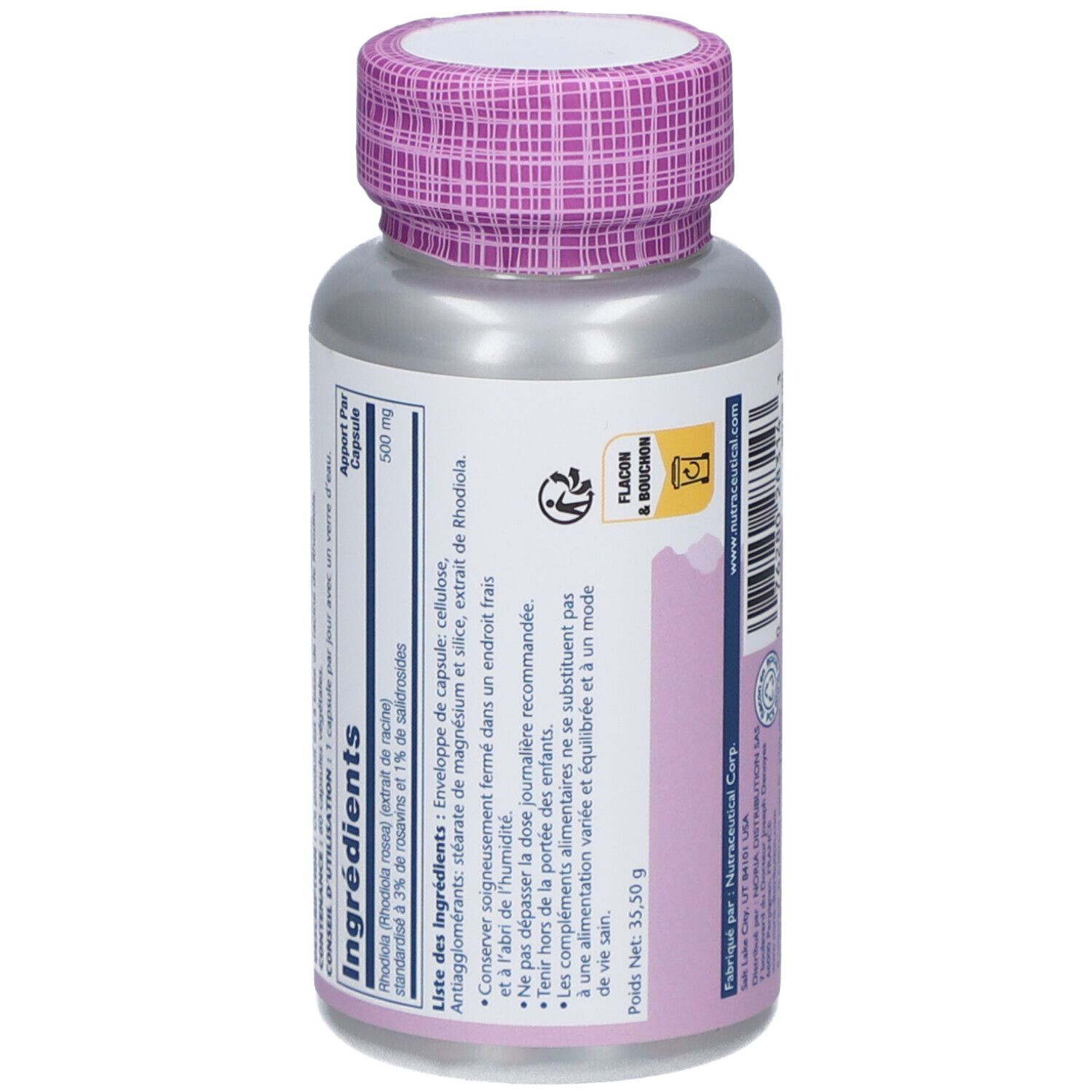 Dos du flacon. Liste des ingrédients et informations. Bouchon violet. Flacon en métal.