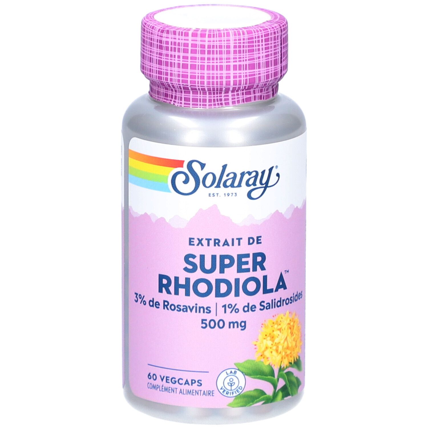 Flacon argenté, étiquette rose. Inscription: SOLARAY Super Rhodiola, 500 mg, 60 Vegcaps. Bouchon violet.