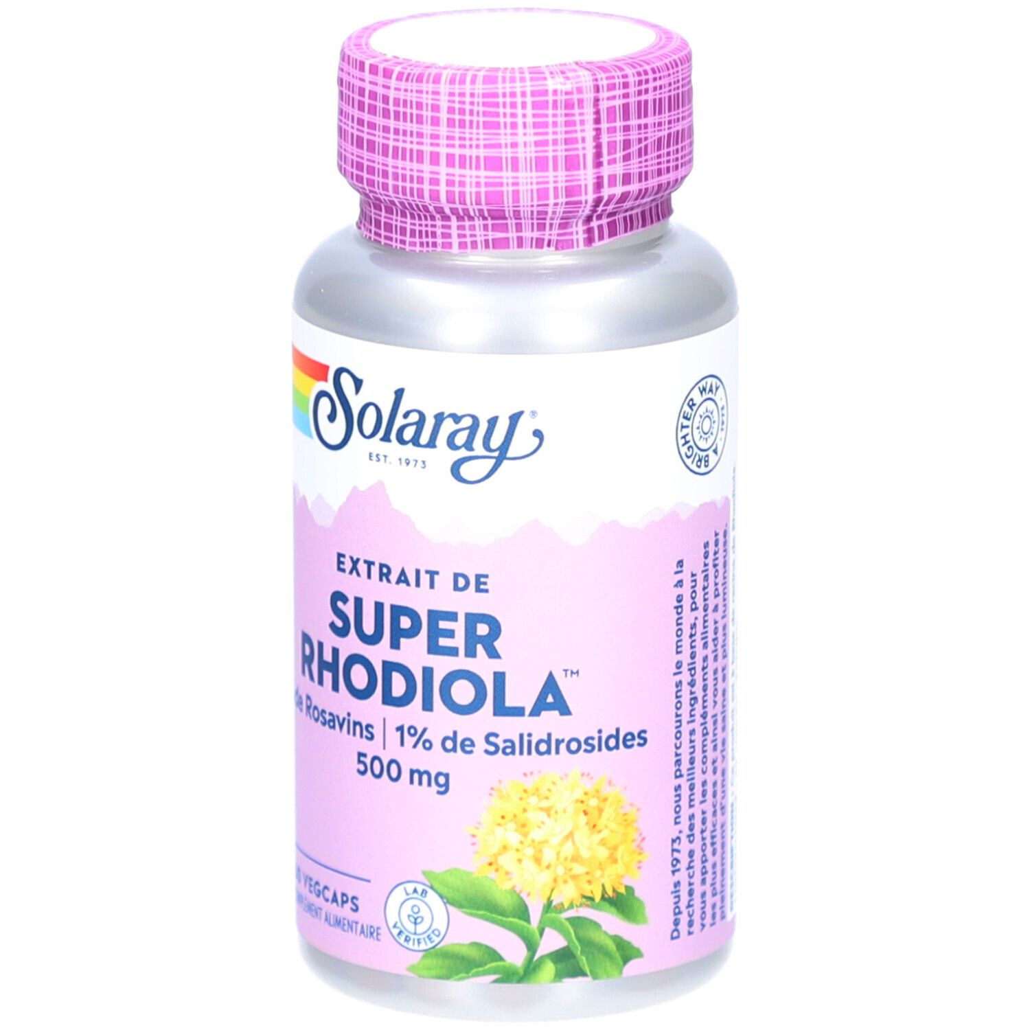 Flacon argenté, étiquette rose. Inscription: SOLARAY Super Rhodiola, 500 mg, 60 Vegcaps. Bouchon violet.