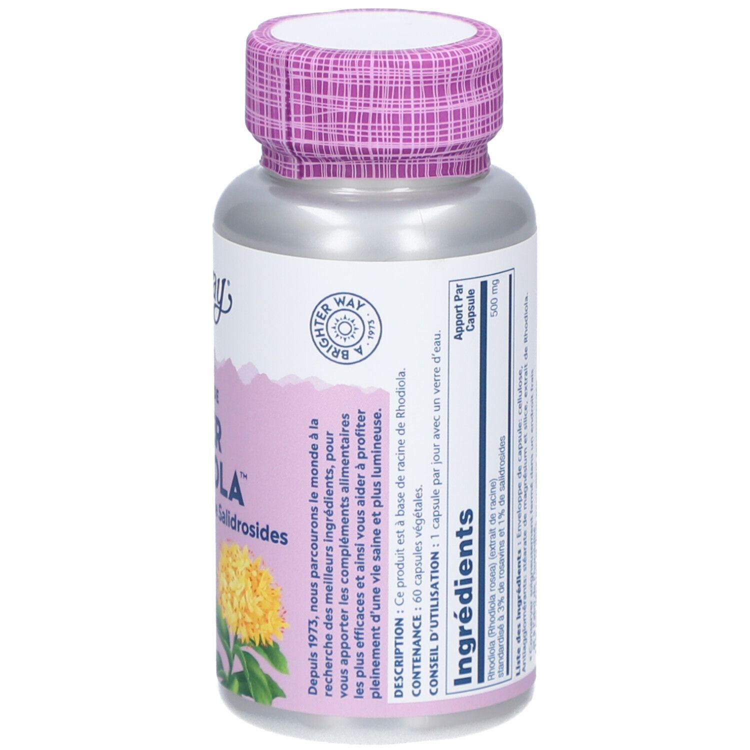 Dos du flacon. Liste des ingrédients et informations. Bouchon violet. Flacon en métal.