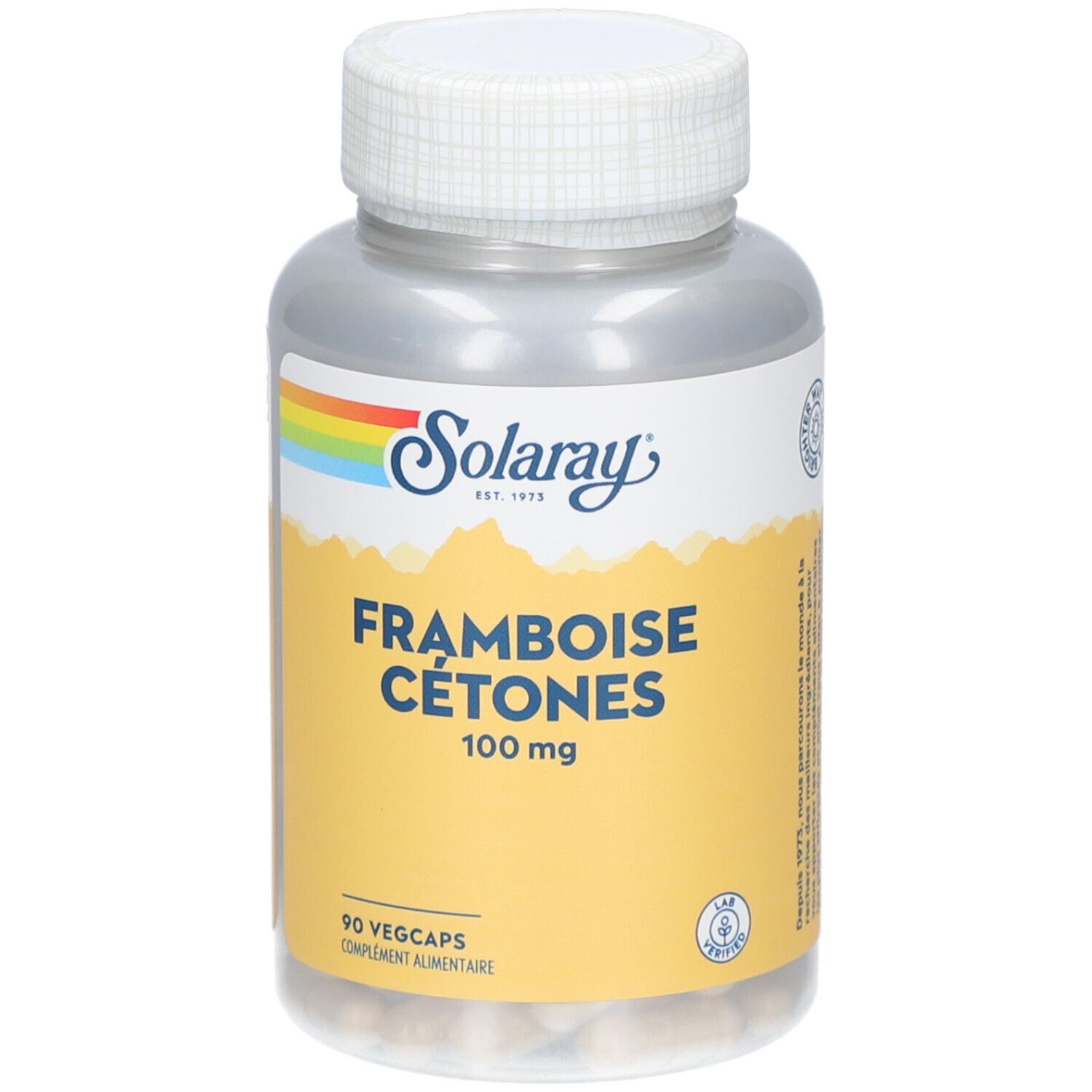 Flacon transparent de gélules. Inscription: SOLARAY, Framboise Cétones 100 mg, 90 Vegcaps.