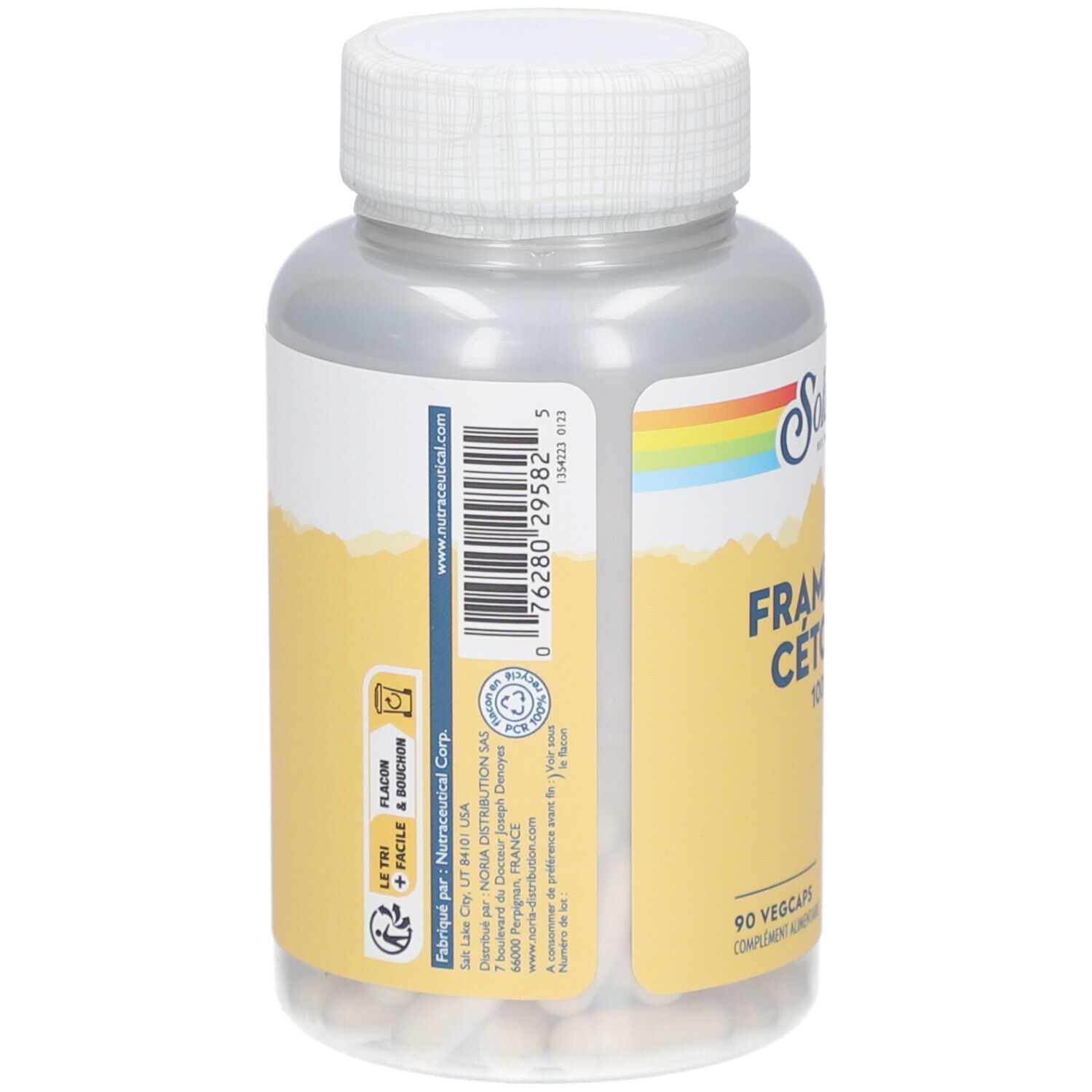 Dos du flacon avec informations. Inscription: SOLARAY, www.nutraceutical.com, 90 Vegcaps.