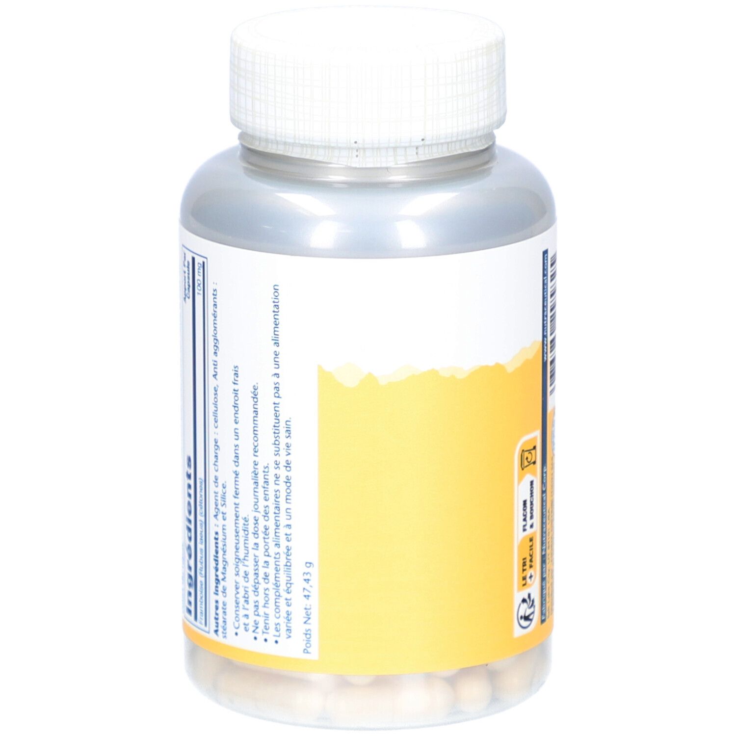 Dos du flacon avec ingrédients. Inscription: Ingrédients, poids net 47,41 g.