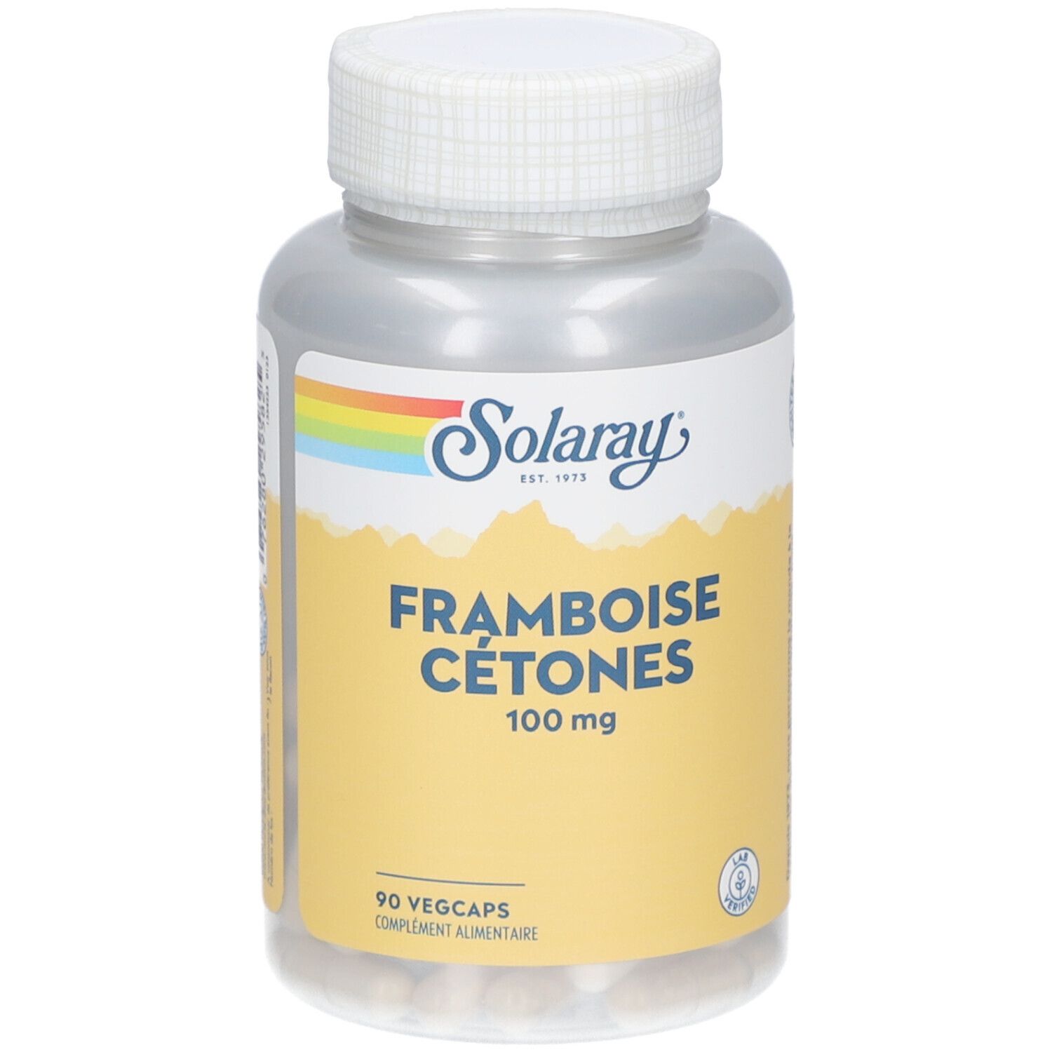 Flacon transparent de gélules. Inscription: SOLARAY, Framboise Cétones 100 mg, 90 Vegcaps.