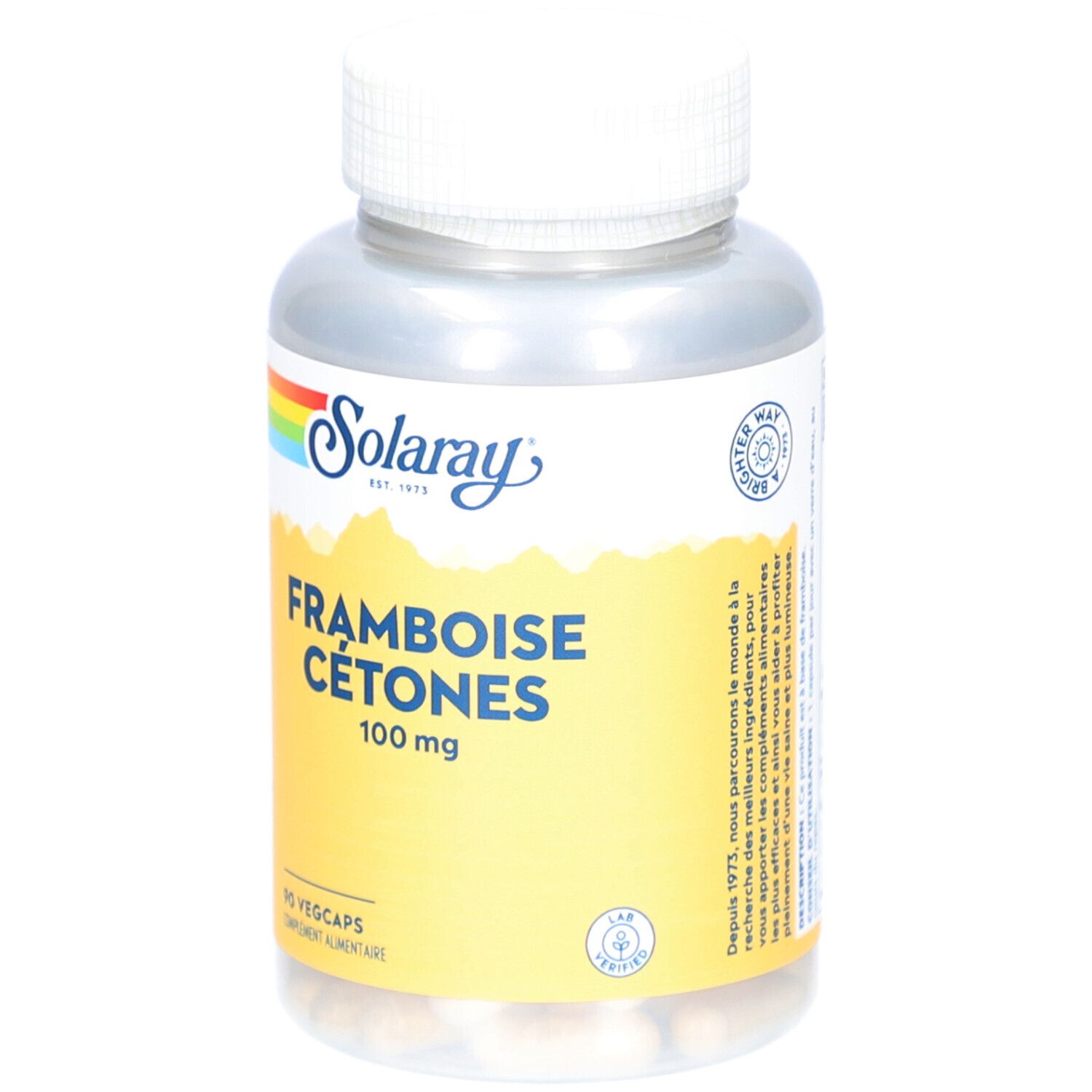 Flacon transparent de gélules. Inscription: SOLARAY, Framboise Cétones 100 mg, 90 Vegcaps.