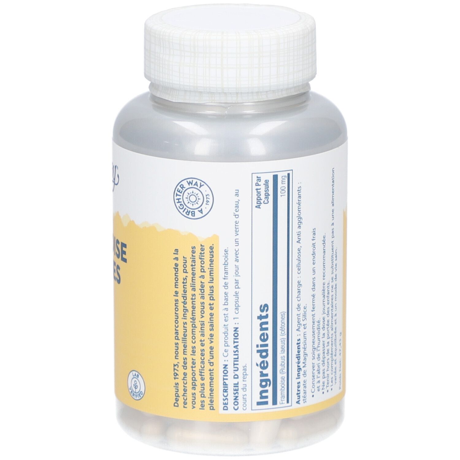 Dos du flacon avec informations. Inscription: Ingrédients, conseil d'utilisation, poids net 47,41 g.