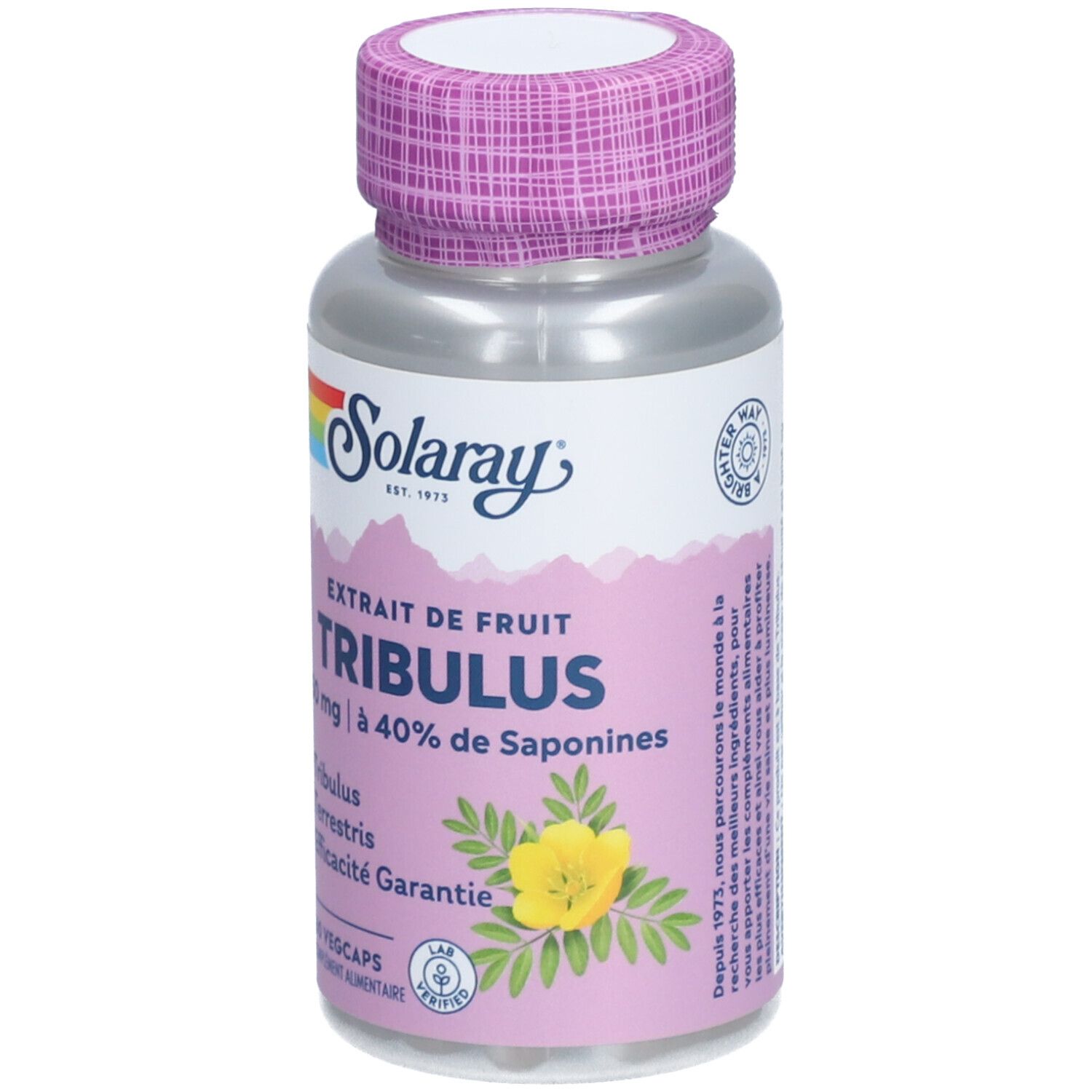 Flacon argenté, bouchon violet. Inscription: Solaray, Tribulus, 450 mg. 60 Vegcaps.