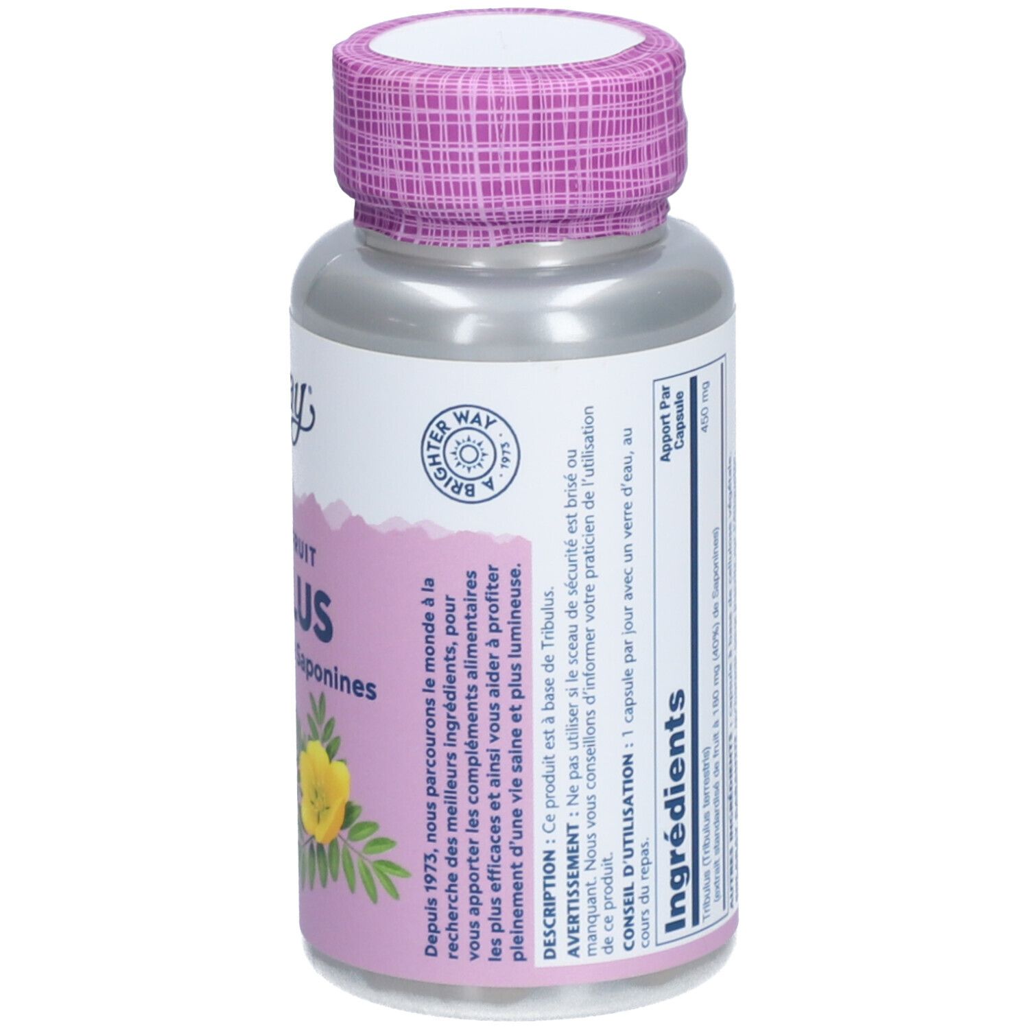 Flacon argenté, bouchon violet. Inscription: Solaray, Tribulus, 450 mg. 60 Vegcaps.