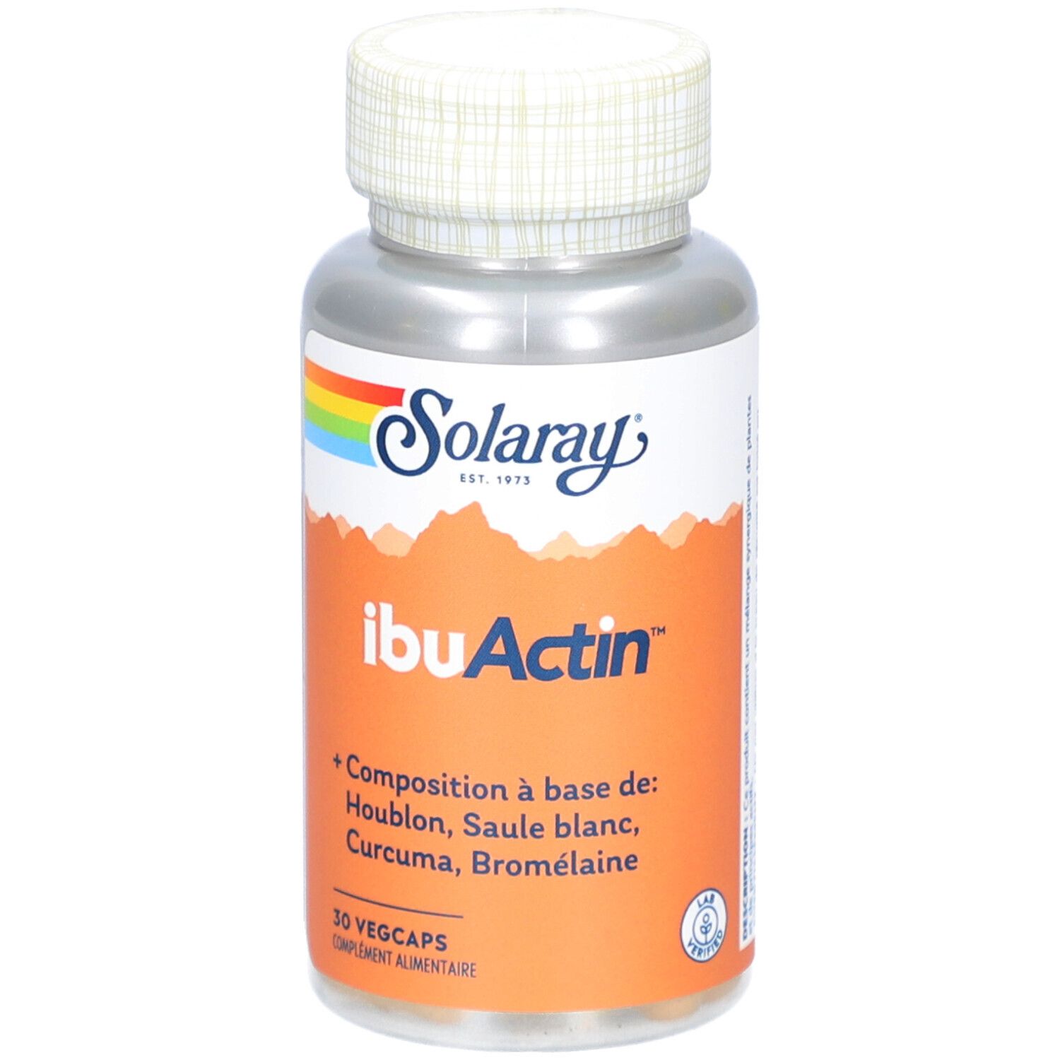 Flacon de gélules à bouchon blanc. Inscriptions: Solaray, IbuActin. Contient houblon, saule blanc, curcuma, bromélaïne. 30 Vegicaps.