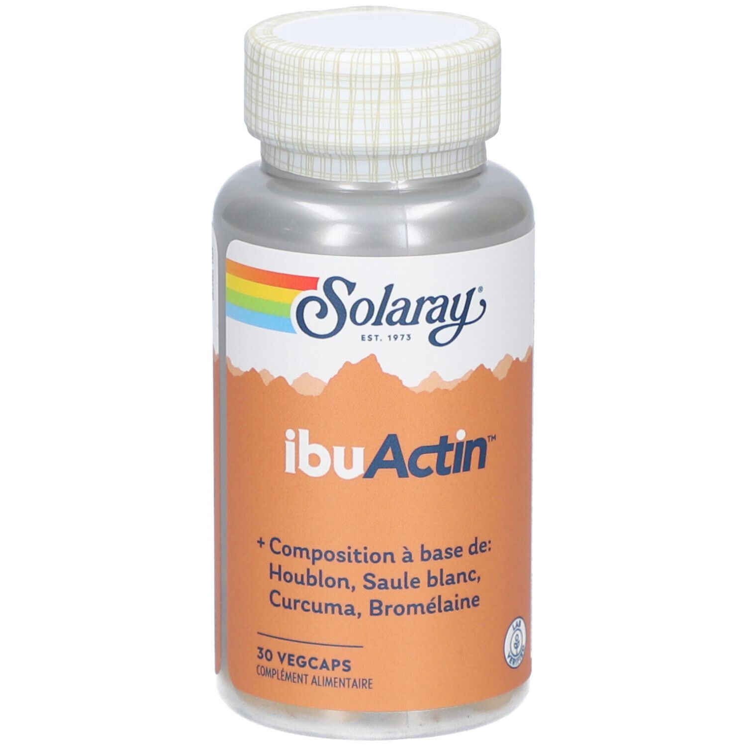 Flacon de gélules à bouchon blanc. Inscriptions: Solaray, IbuActin. Contient houblon, saule blanc, curcuma, bromélaïne. 30 Vegicaps.