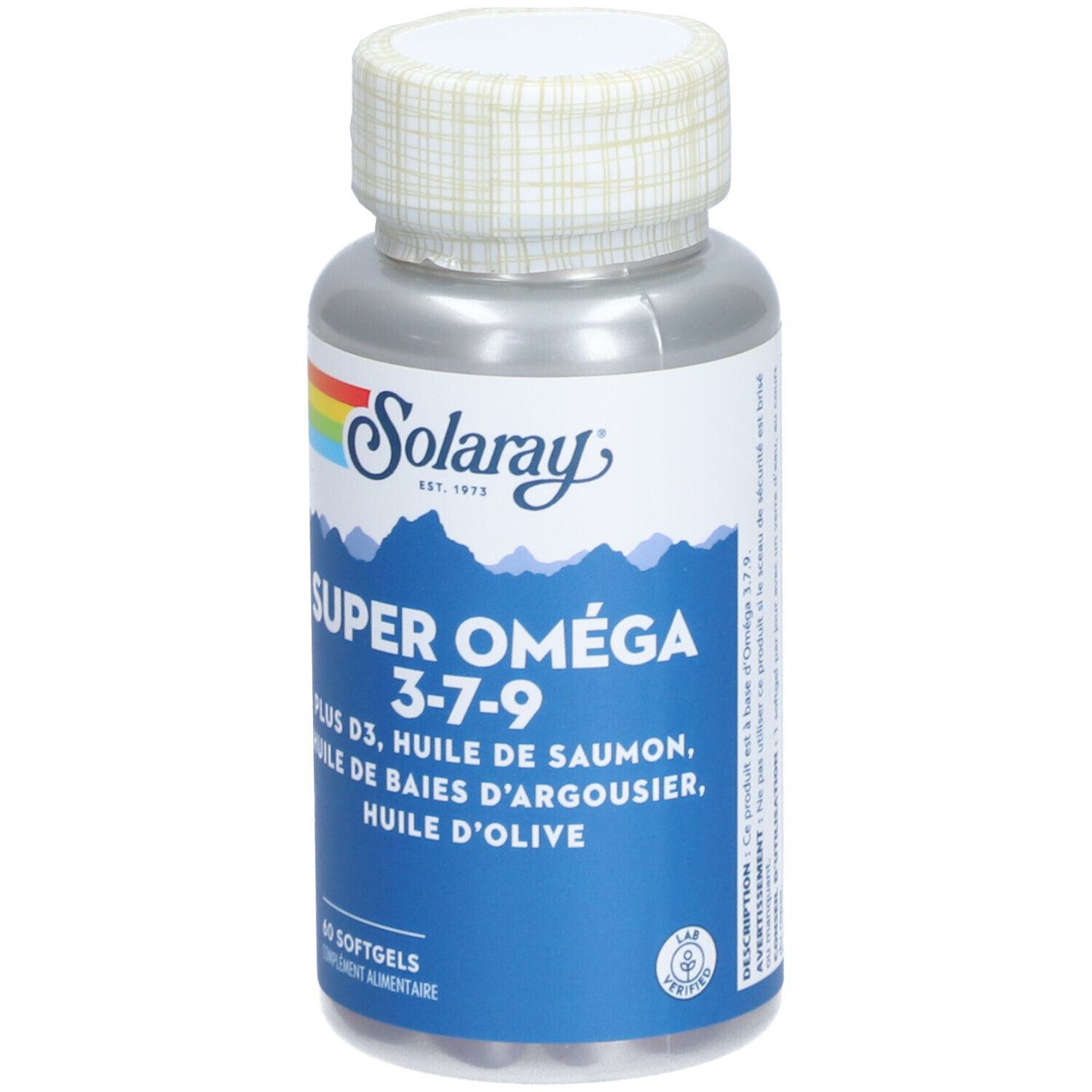 Flacon SOLARAY SUPER OMEGA 3-7-9. Étiquettes bleues et blanches avec informations. 60 gélules.
