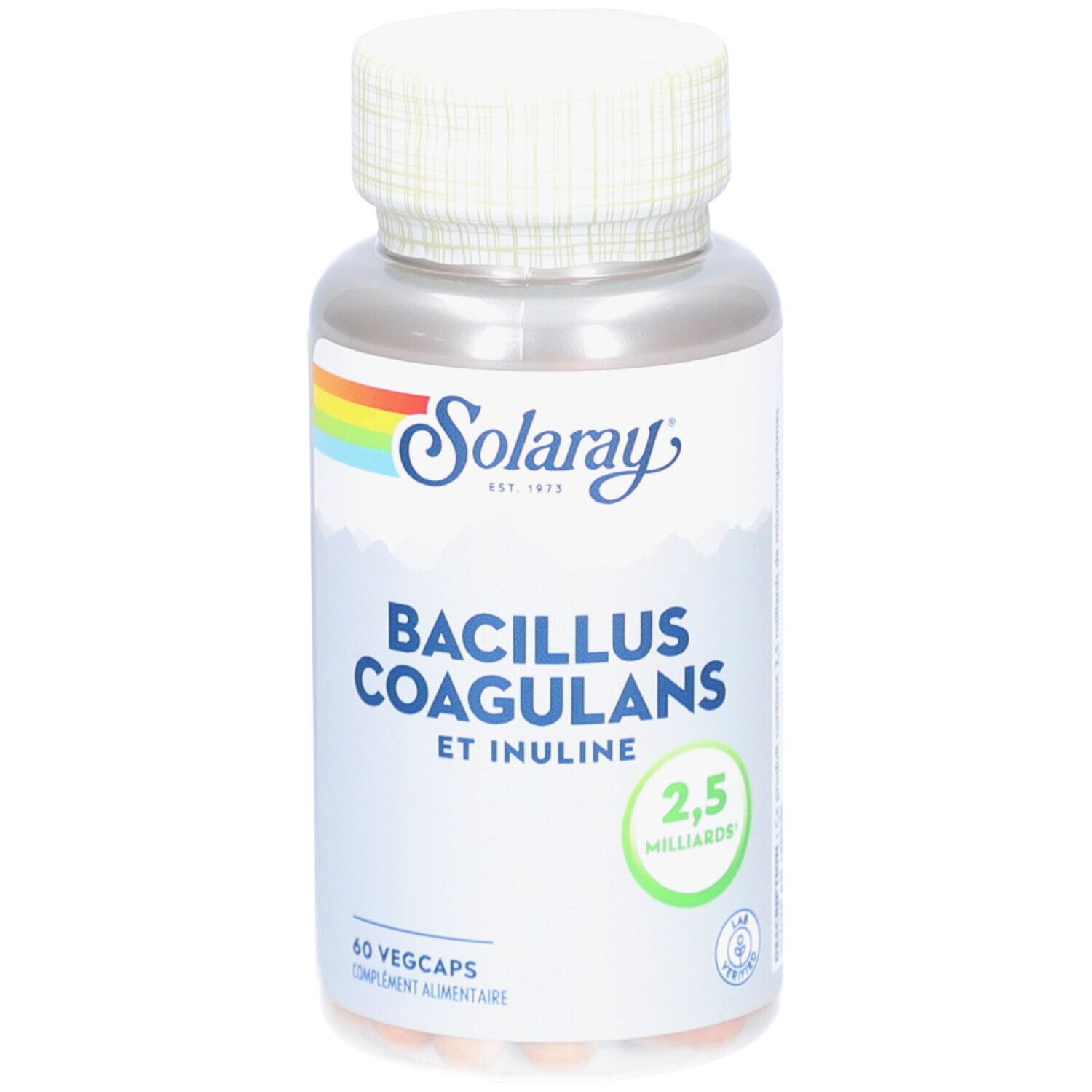 Flacon de gélules Solaray Bacillus Coagulans et Inuline. 60 Vegcaps. Logo arc-en-ciel.