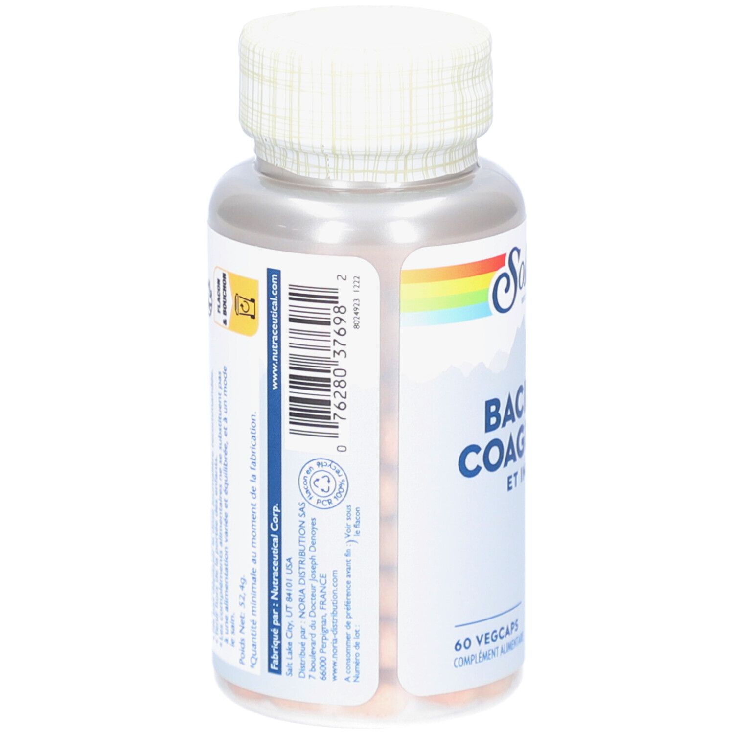 Dos du flacon de gélules. Code-barres, informations fabricant, logo. Contient 60 gélules.