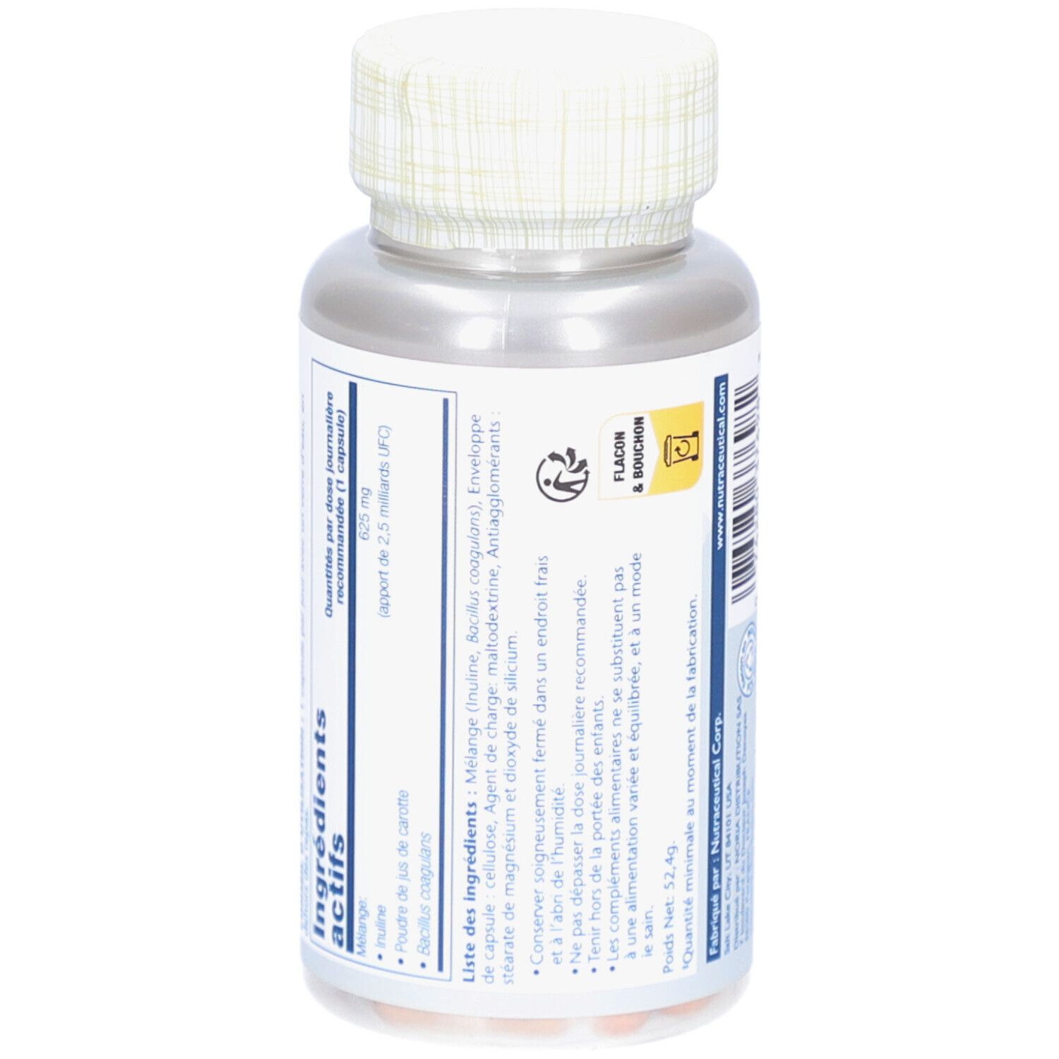 Dos du flacon de gélules. Liste des ingrédients, informations d'utilisation et de stockage. Contient 60 gélules.