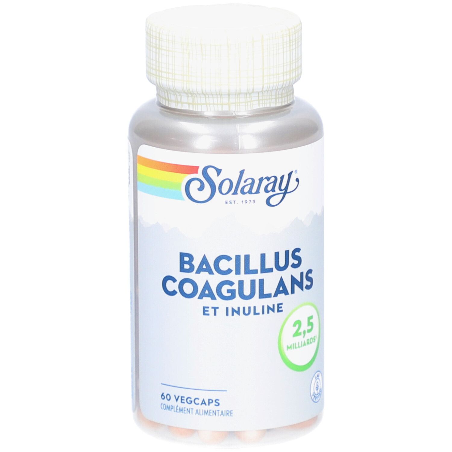 Flacon de gélules Solaray Bacillus Coagulans et Inuline. 60 Vegcaps. Logo arc-en-ciel.