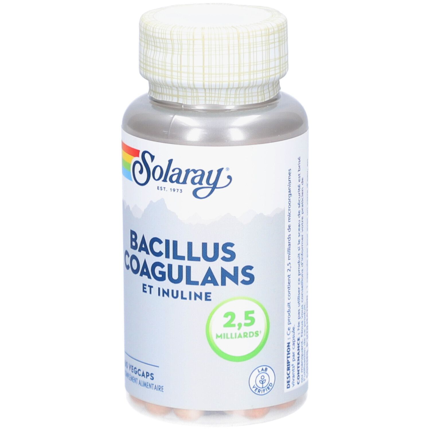 Flacon de gélules Solaray Bacillus Coagulans et Inuline. 60 Vegcaps. Logo arc-en-ciel.