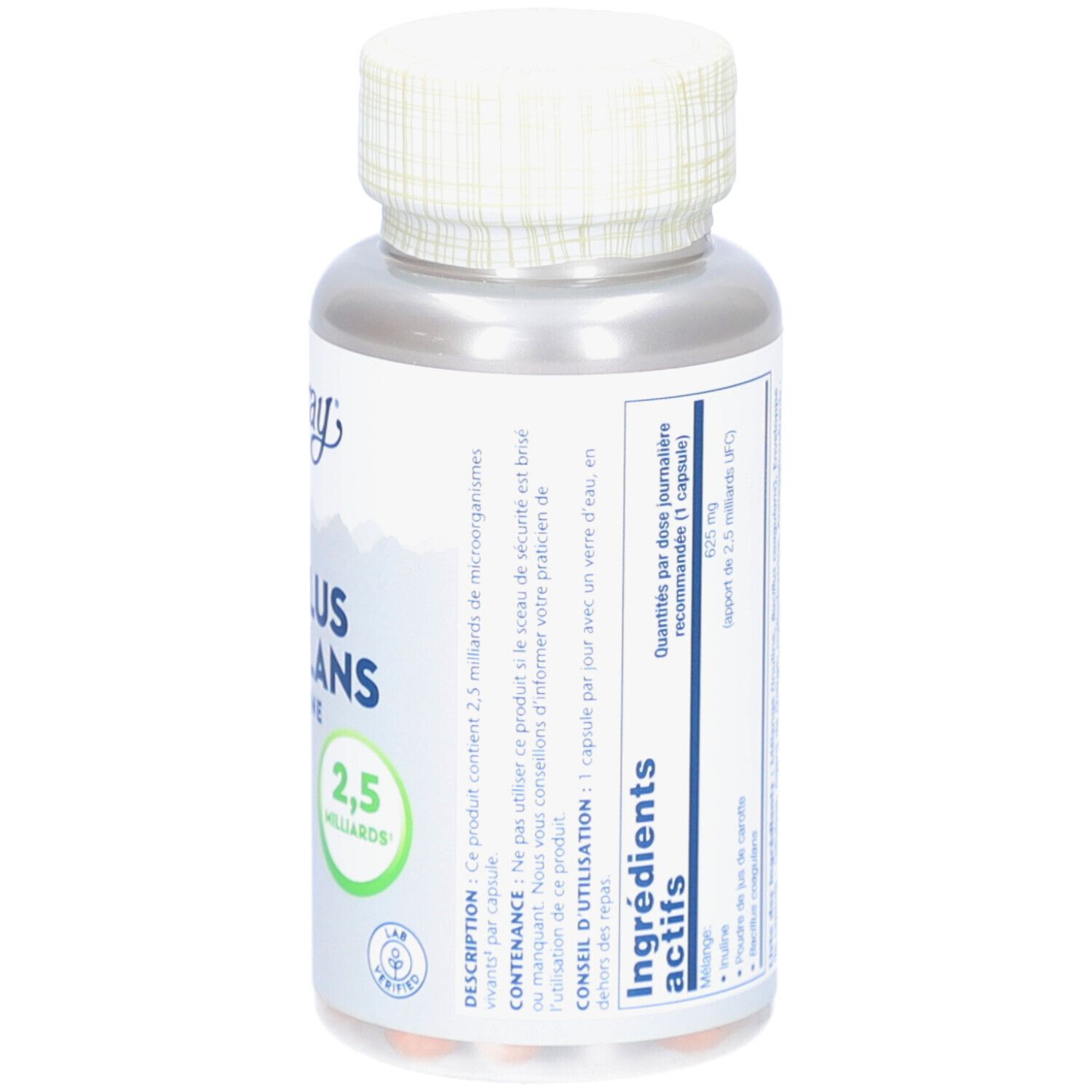 Flacon de gélules Solaray Bacillus Coagulans et Inuline. 60 Vegcaps. Logo arc-en-ciel.