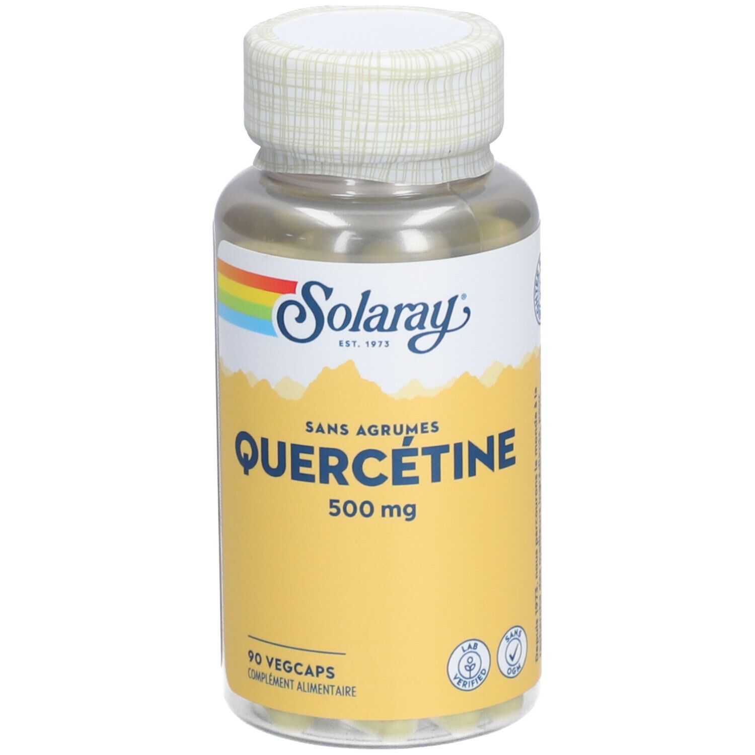 Flacon transparent avec étiquette jaune. Inscription : Quercétine 500 mg, 90 Vegcaps. Marque : Solaray.