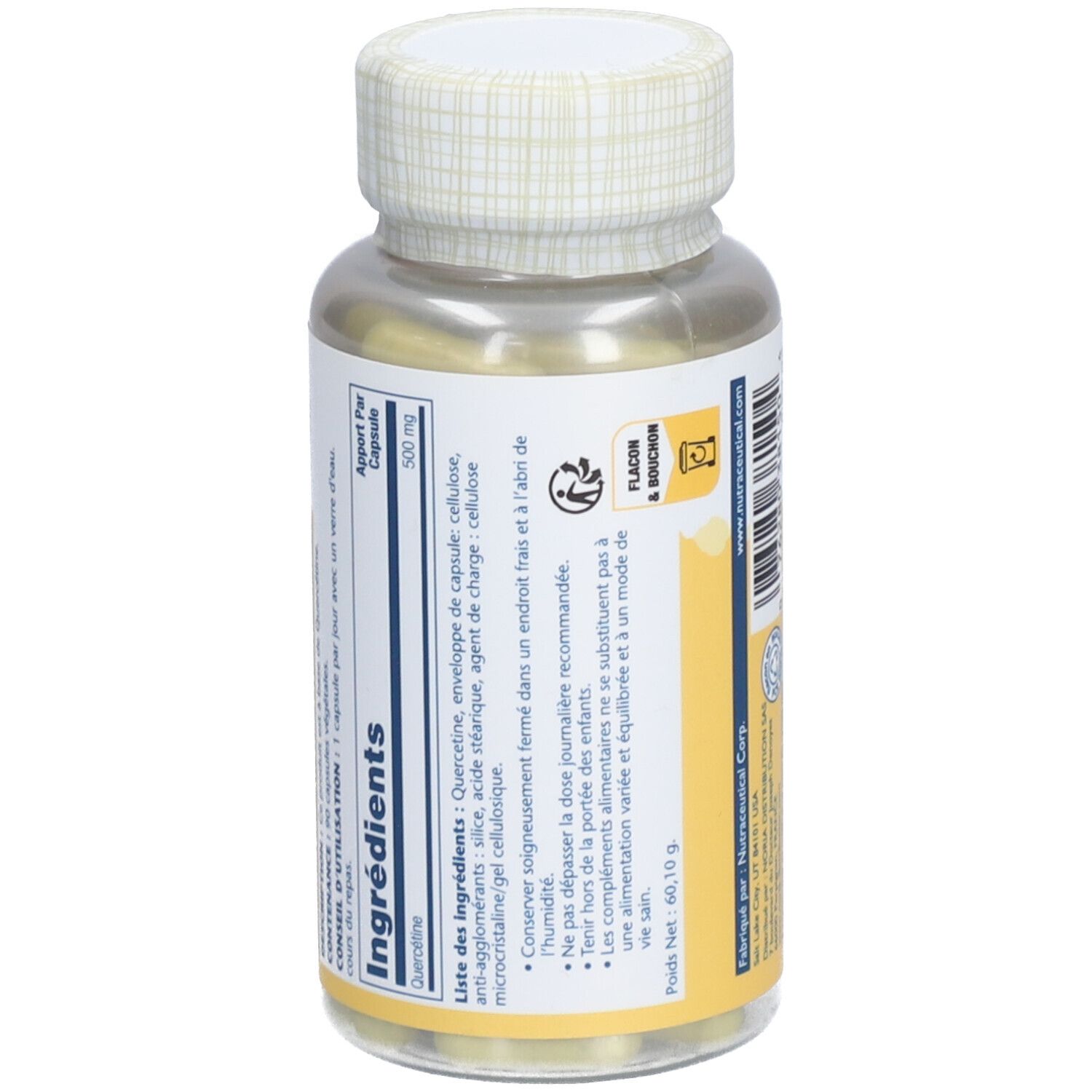 Vue arrière du flacon avec étiquette jaune. Affiche les ingrédients et les instructions d'utilisation.